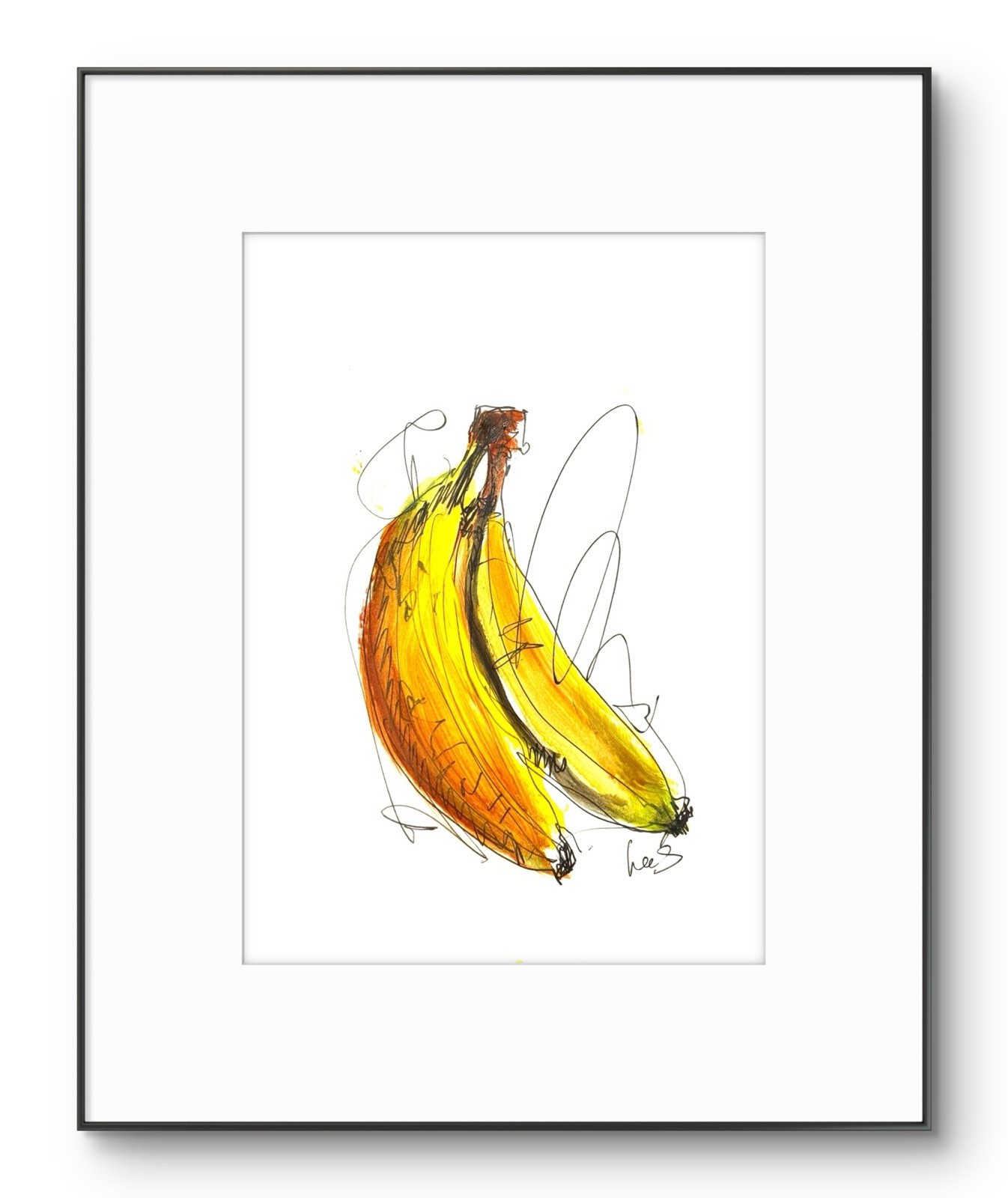 Original Abstract Expressionism 9X12 Two Bananas Paper Ink Handmade Signed 15