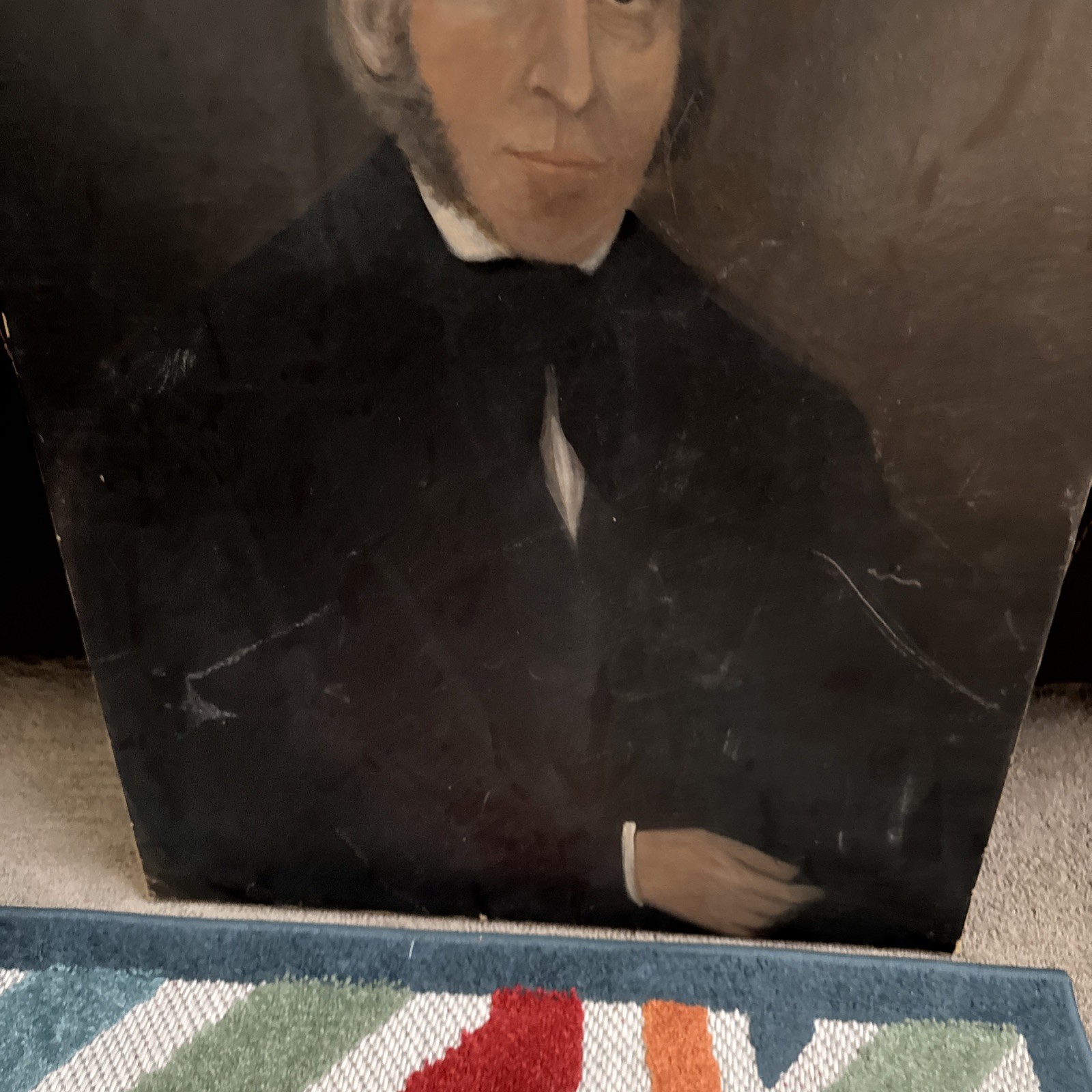 American School 19th Century Antique Oil Portrait Man In Suit Folk Art