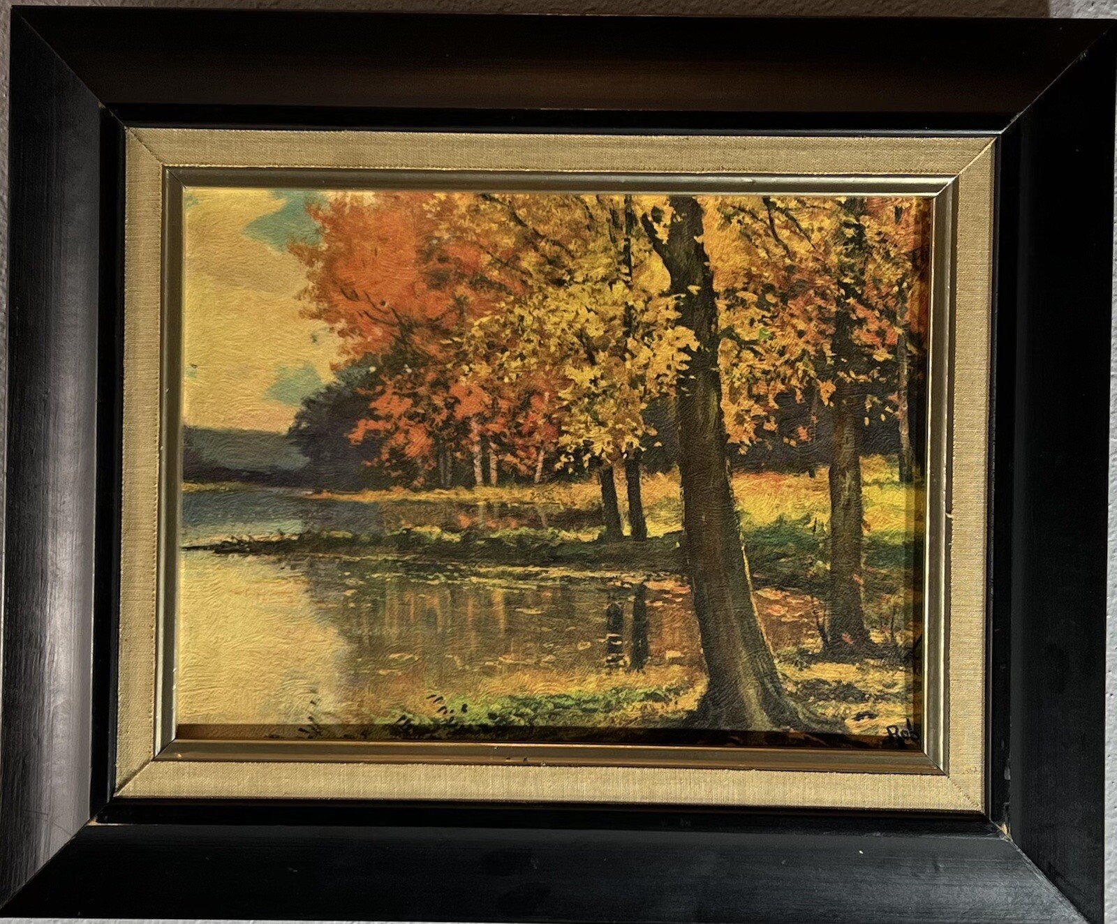 Signed Rob American Impressionist Autumn Landscape Oil Lithograph MCM Dated 1966