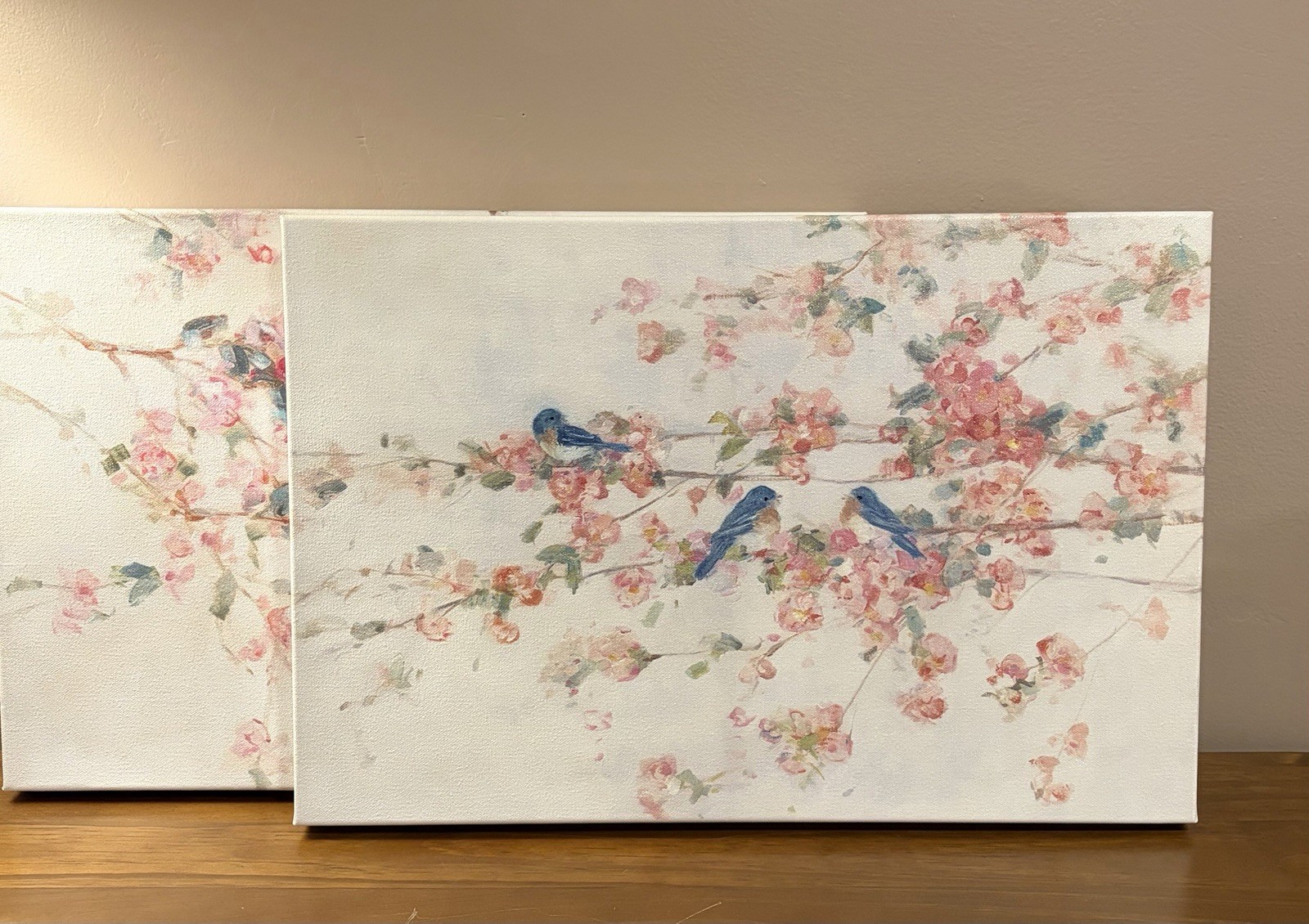 Set of 2 Canvas Art Blue Birds On Cherry Blossom Branches 18” X 12” NEW