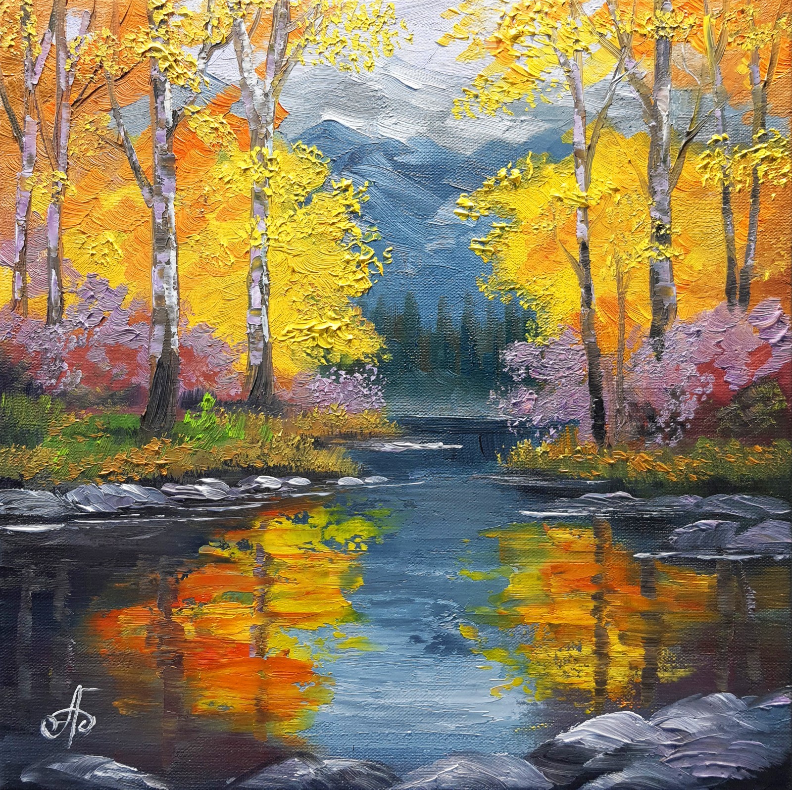 Golden Autumn River Landscape Oil Painting Original Forest Reflection Wall Art