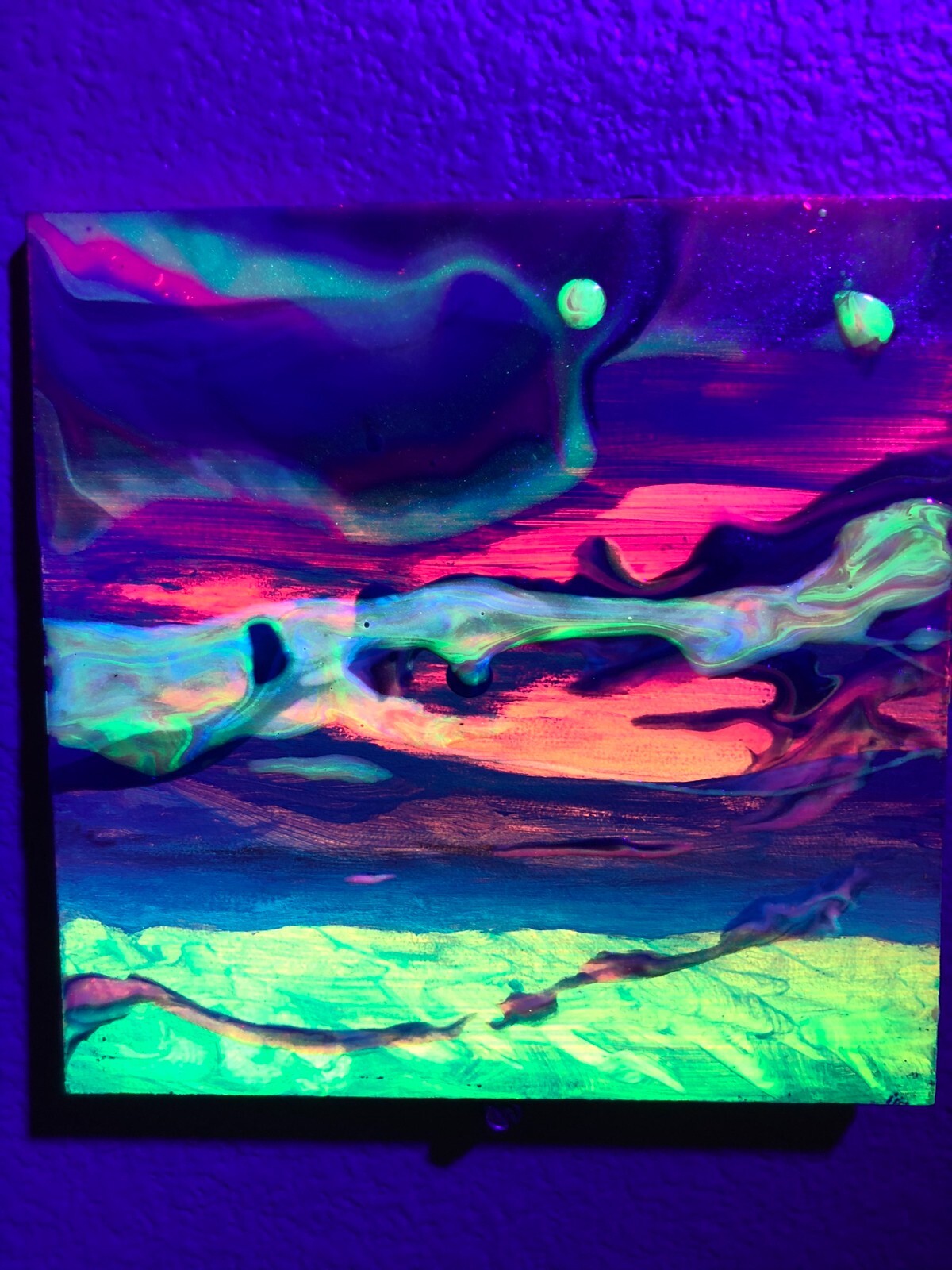 Fluorescent Clouds 2 – Neon Acrylic and Oil Paint on Wood Panel Painting
