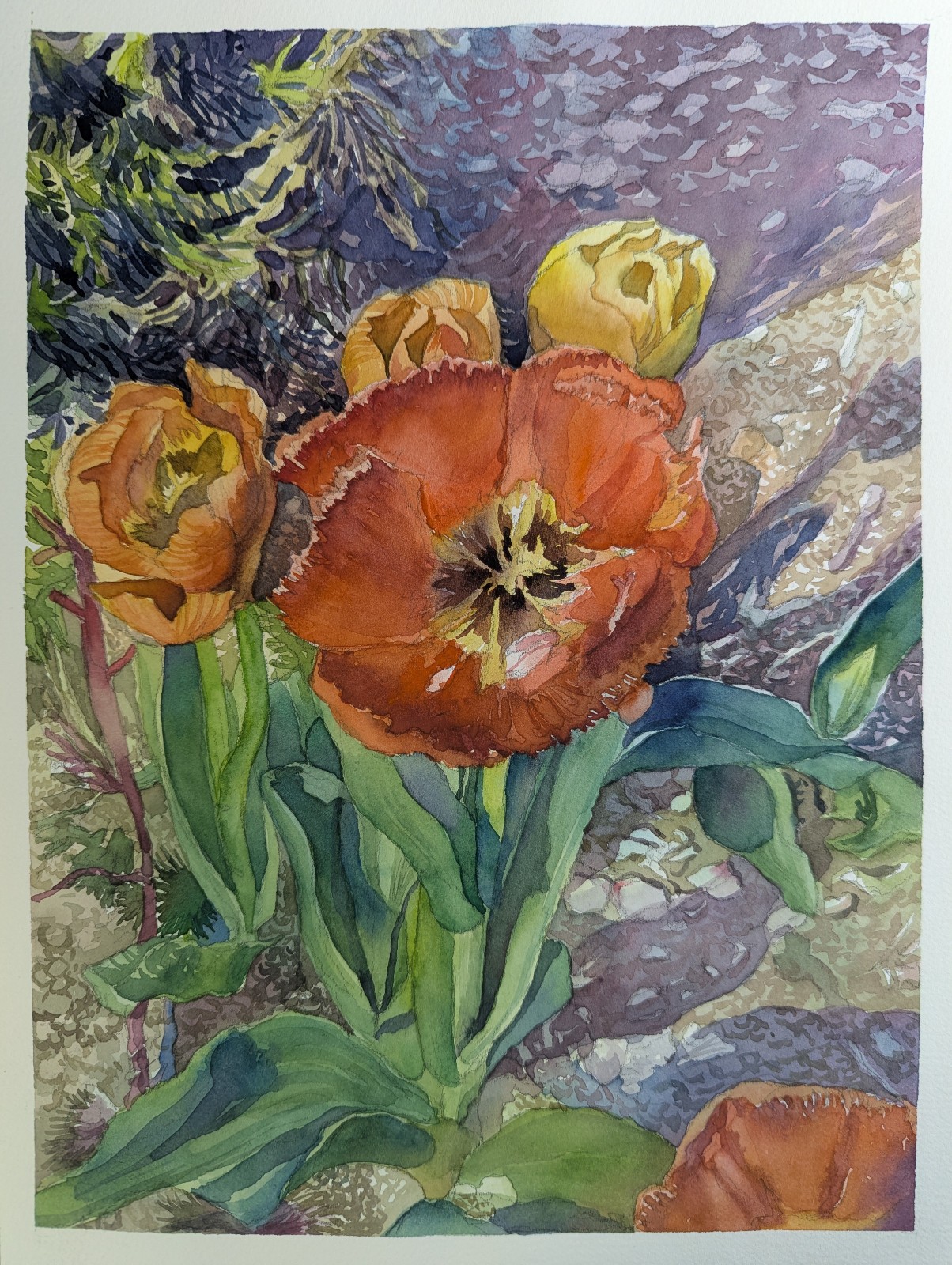 Original Watercolor Painting 12″x 9″ Orange and Yellow Tulips