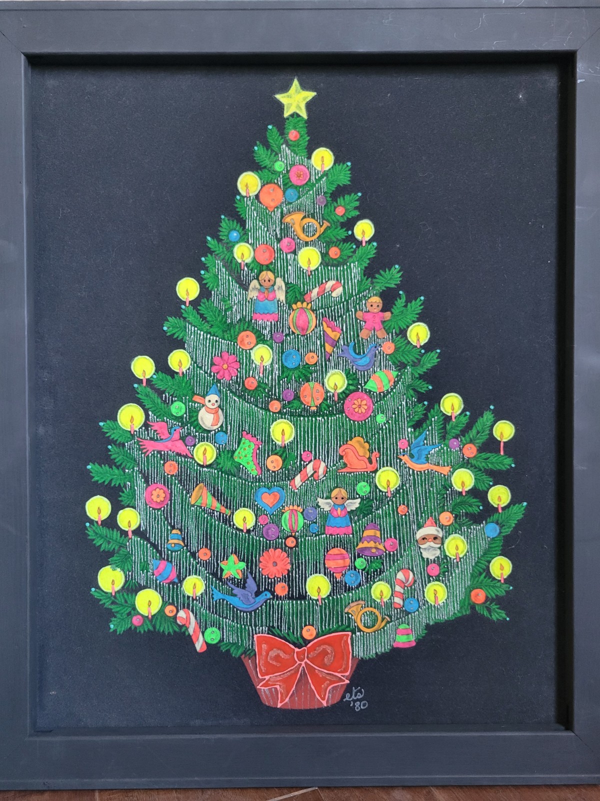 Large Vintage Day-Glo Christmas Tree Painting on Black Velvet UV Light GLOWS