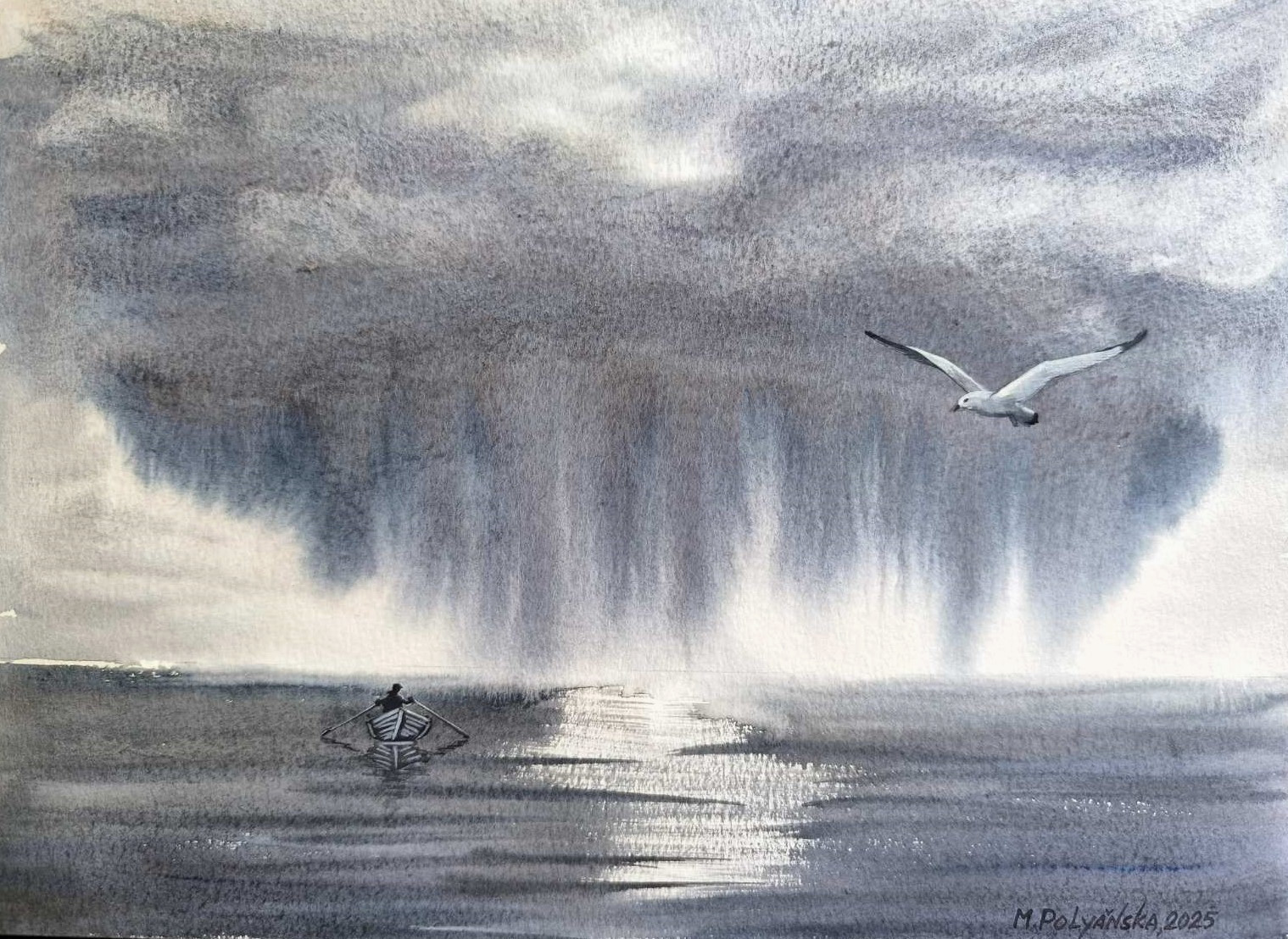 LONELY FISHERMAN BOAT BIRD SEAGULL Original Art Painting Landscape CLOUDY SKY A4