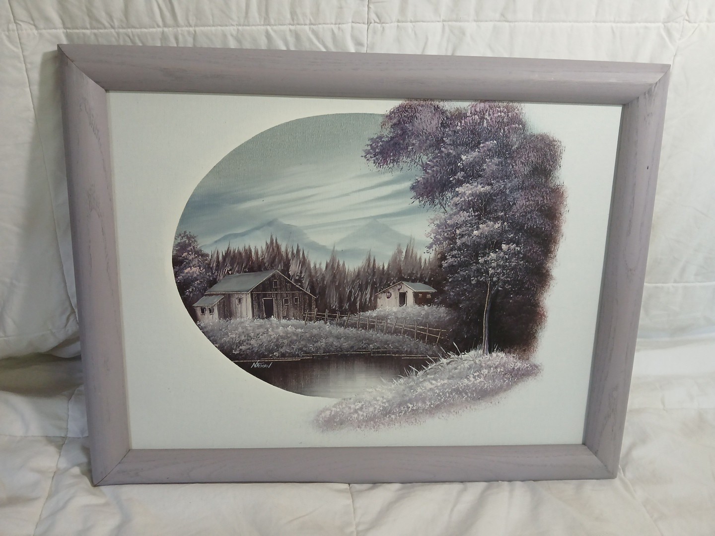 Vintage 1990 Original Oil Painting By Nathan Purple Chill Vibe Serene Scene