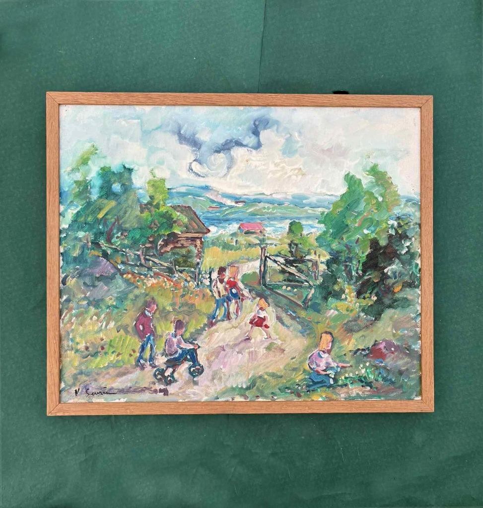 Nils Severin (1910) Swedish Expressionist. Rural Childhood Scene. c.1950- COA