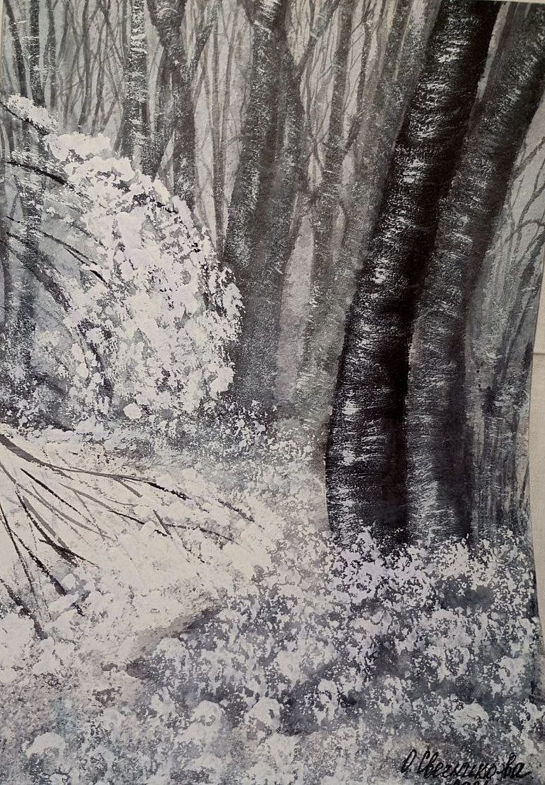 PAINTINGORIGINAL WATERCOLOR LANDSCAPE WINTER IN THE FOREST GRAY DAY TREES SNOW