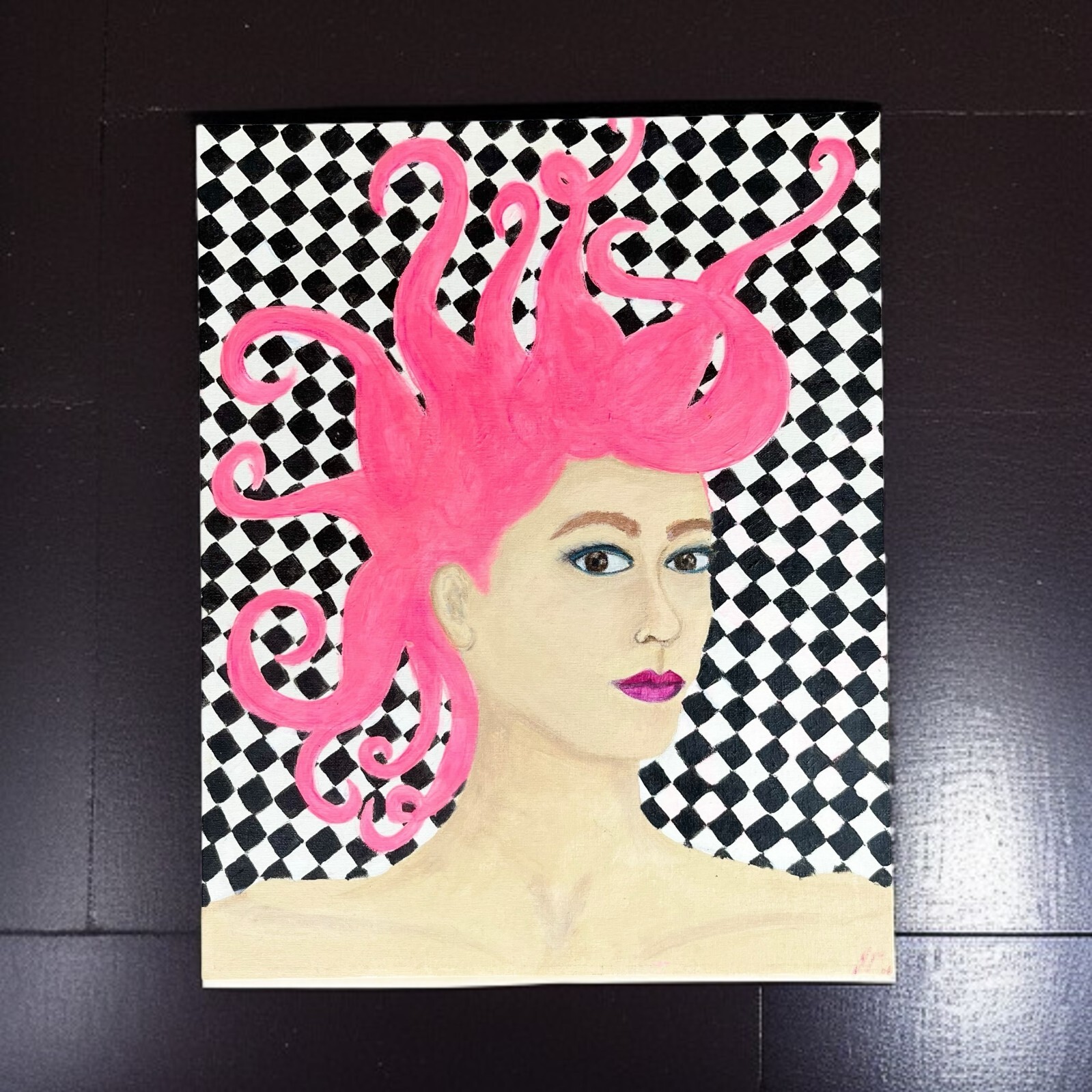 Weirdcore Salon Art School Girl with Pink Hair 80s Punk Rock Checkerboard 16×20