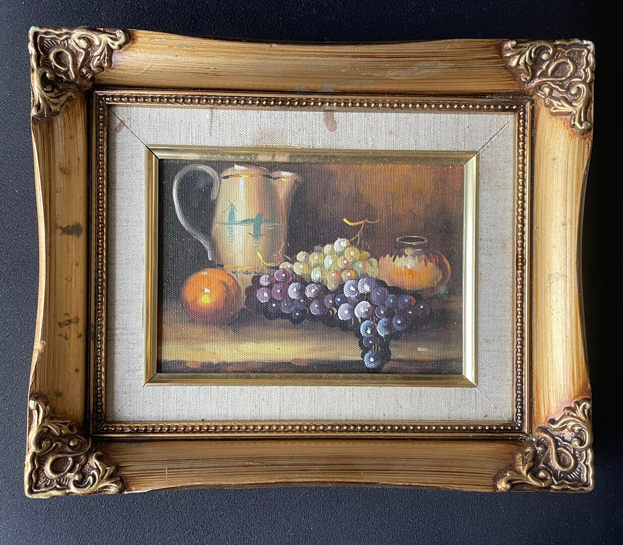 Vintage Still Life Oil Painting Fruit Pitcher Gold Gilt Ornate Frame Original
