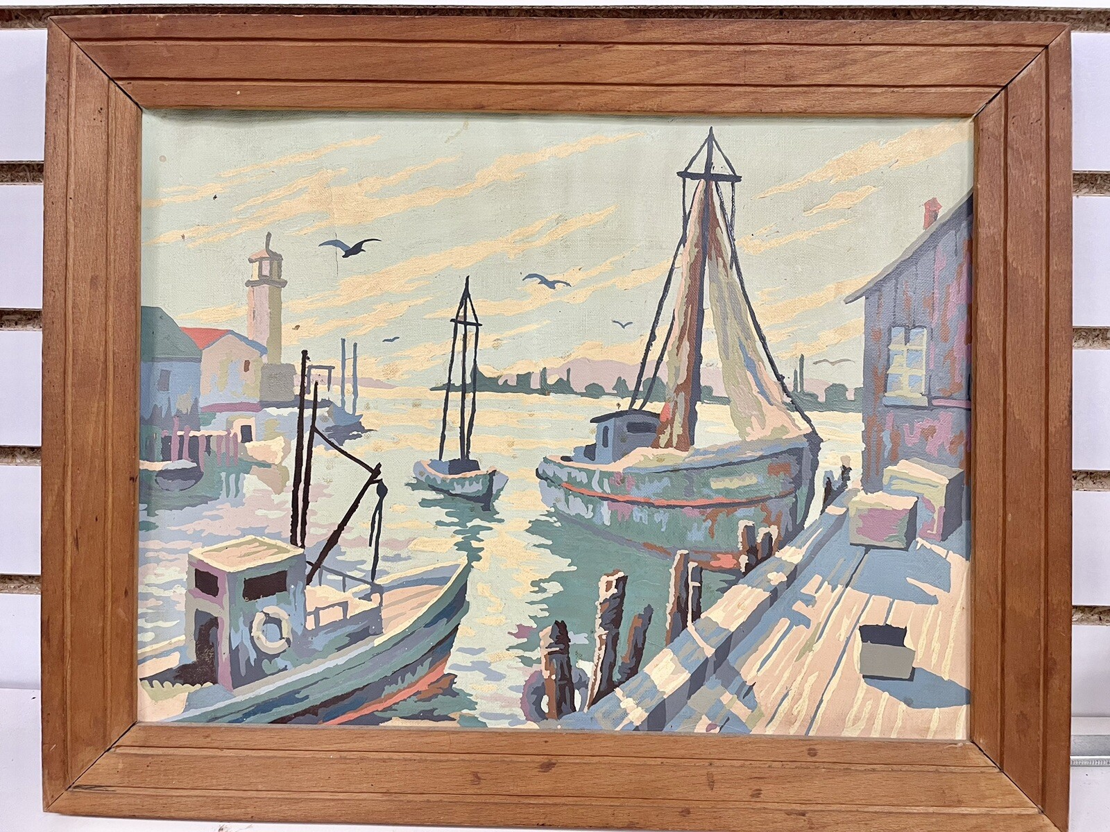 Vintage painting fishing boat Pier Dock NLHB