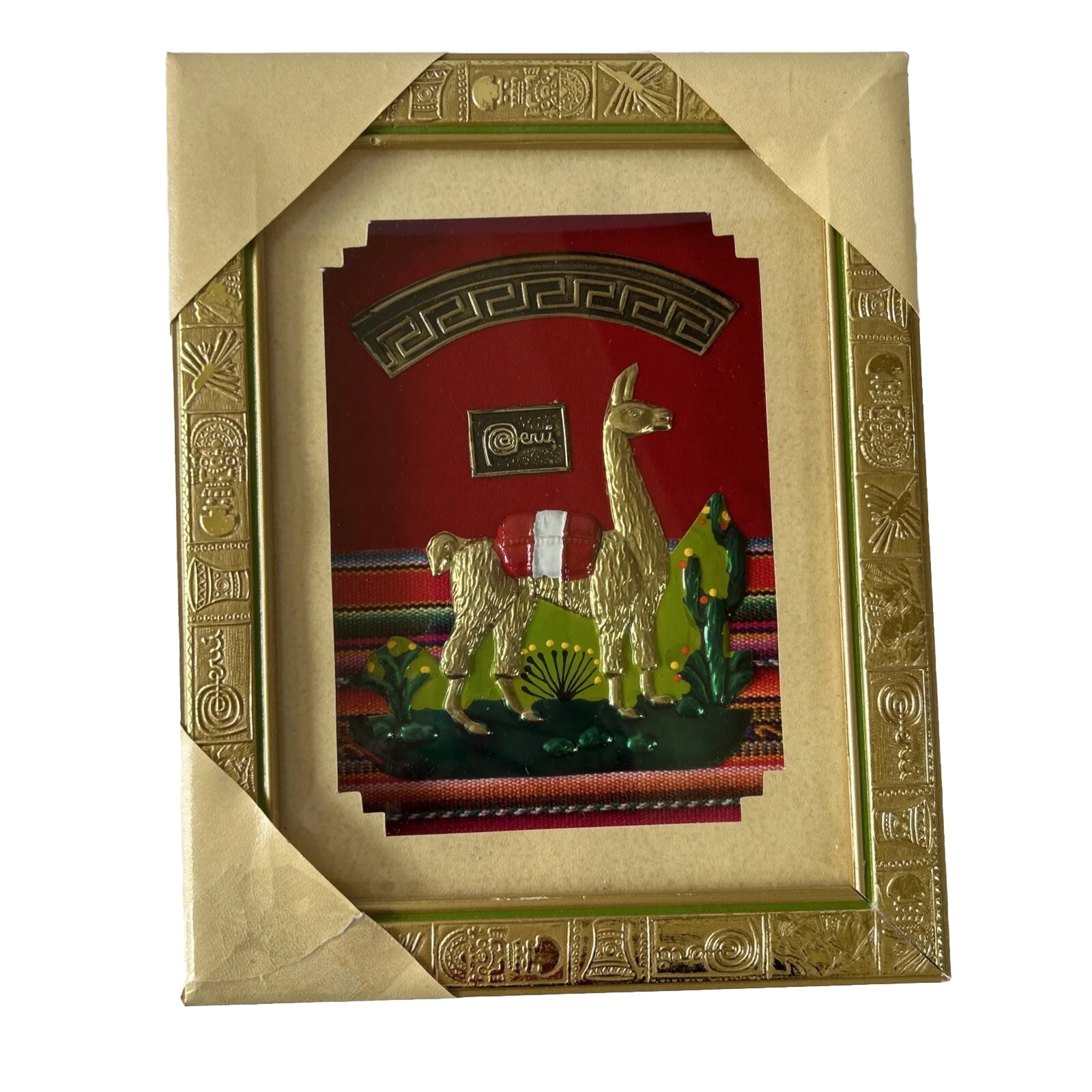 Peruvian PERU Folk Art Alpaca Fabric Framed 8”X 10” Multicolor Gold Frame