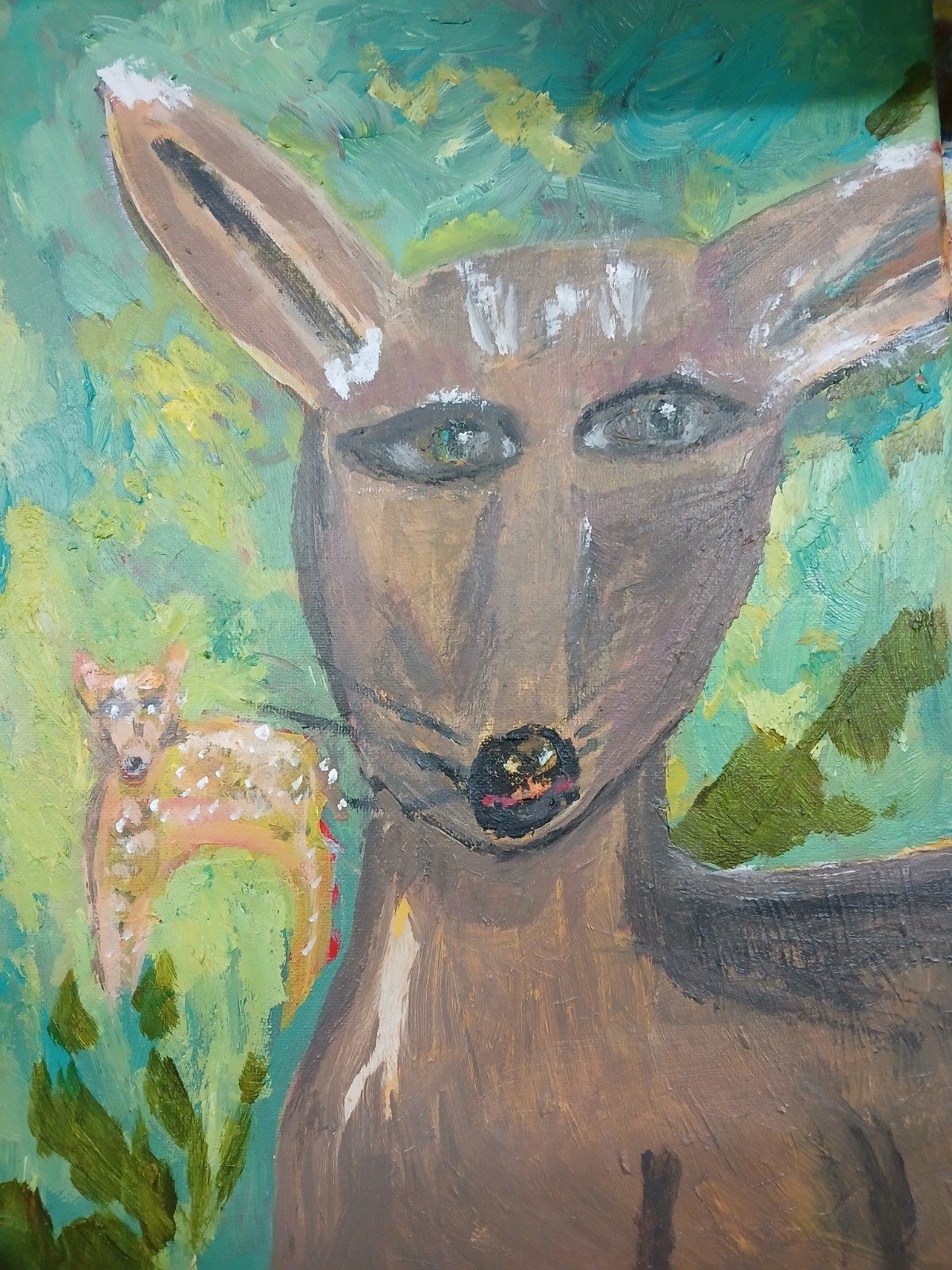 Mama Deer And Baby Original Art Painting Abstract Acrylic Canvas 11″ x 14″