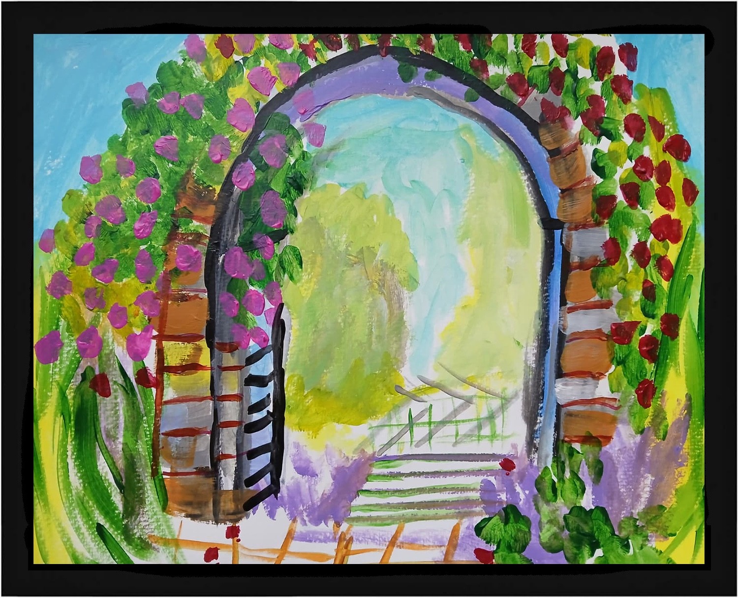 Impressionistic 11×14 Rose Garden Gate Acrylic Original Signed Art Painting