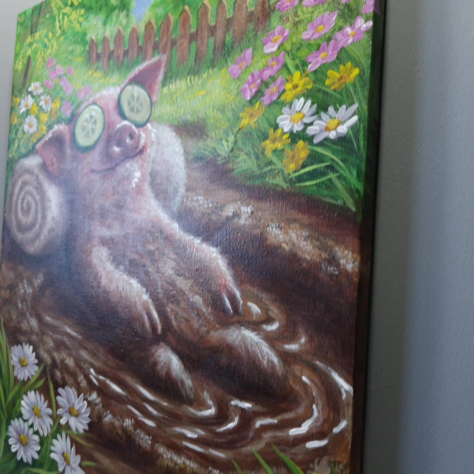 Original Acrylic Funny Pig Painting Mud Spa Humor Farm Animal Art OOAK 16×20