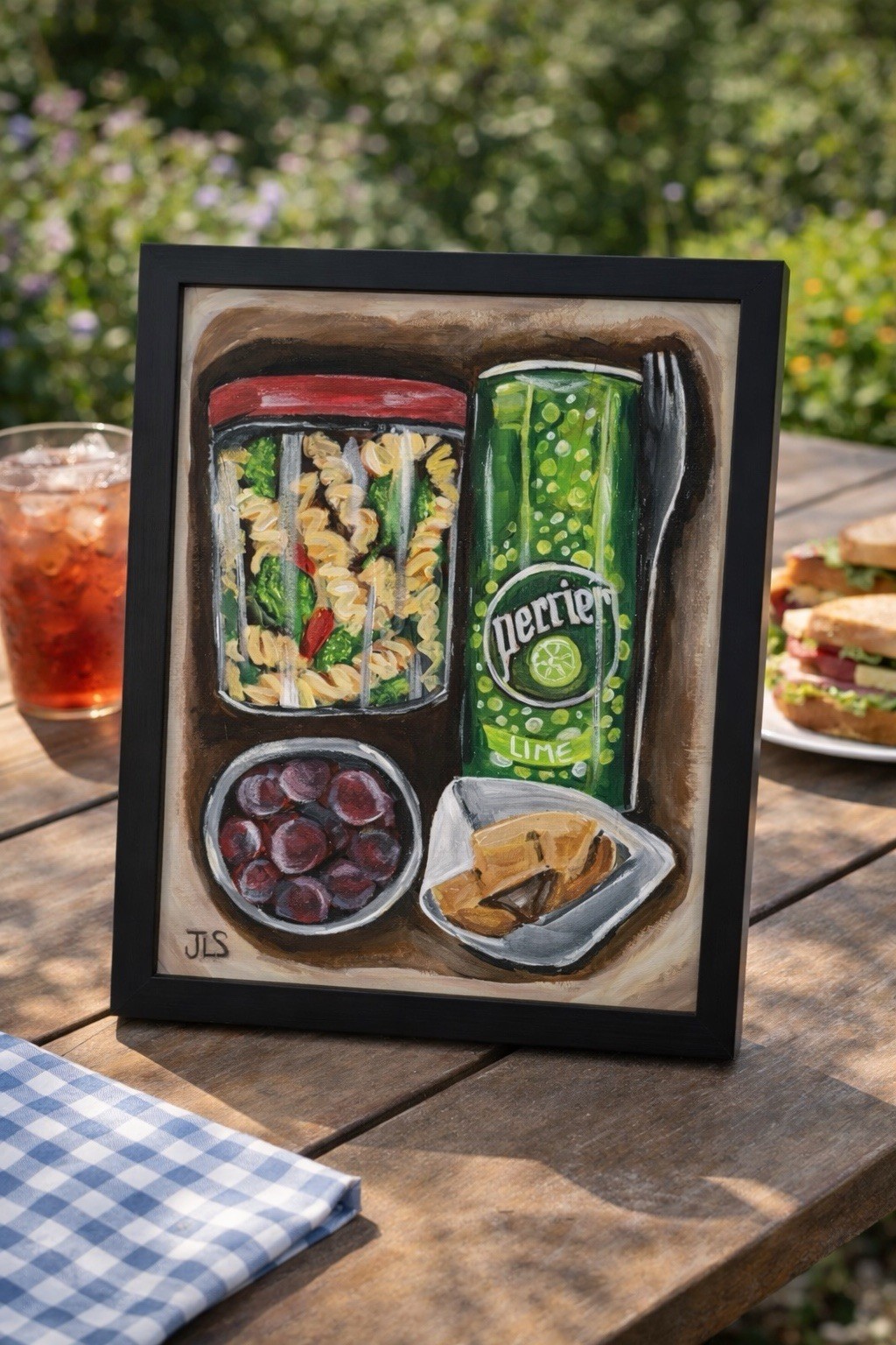Lunch Still Life Painting Picnic Food Pasta Perrier Grapes Framed 11×14