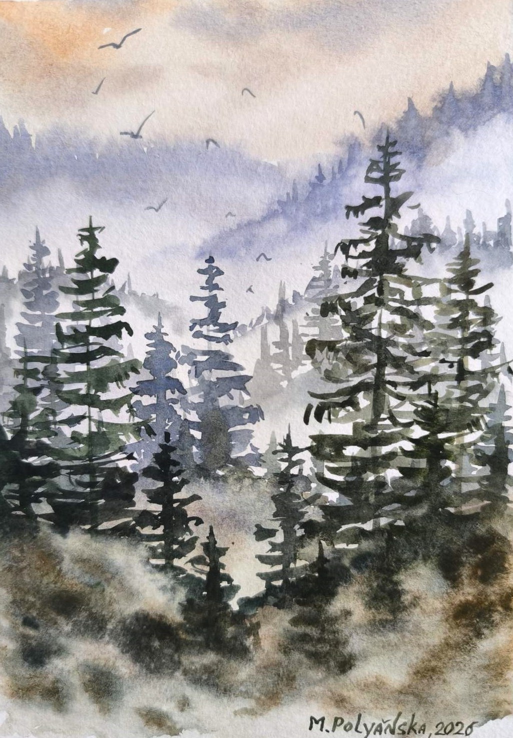 MISTY FOGGY PINES Moody Forest Original Painting Landscape Art Mysterious GiftA5