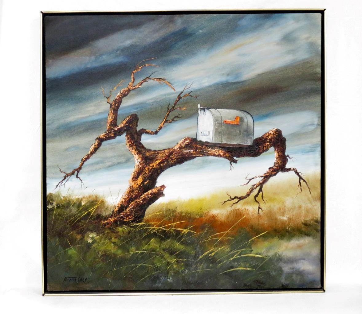 Original Hector Salas Landscape Mailbox Oil on Canvas 37.25 x 37.25 Framed