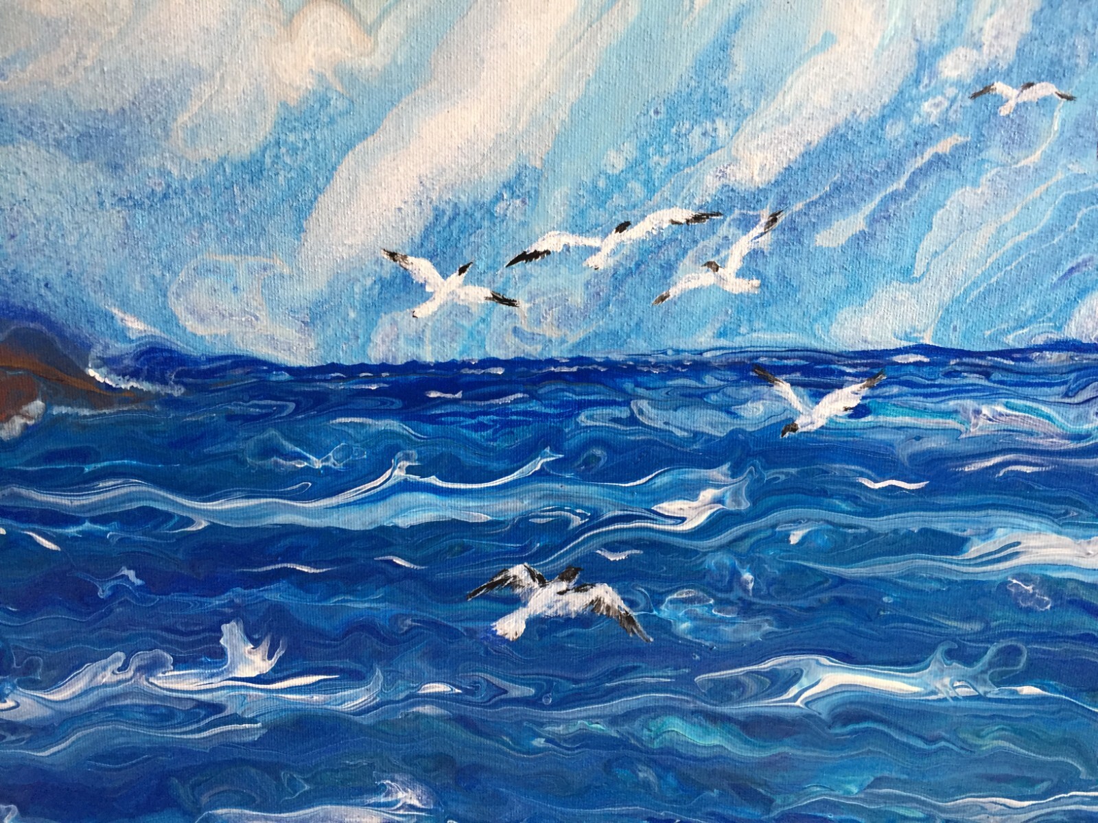 Original Ocean acrylic pour painting on large canvas Fluid art 24×32″