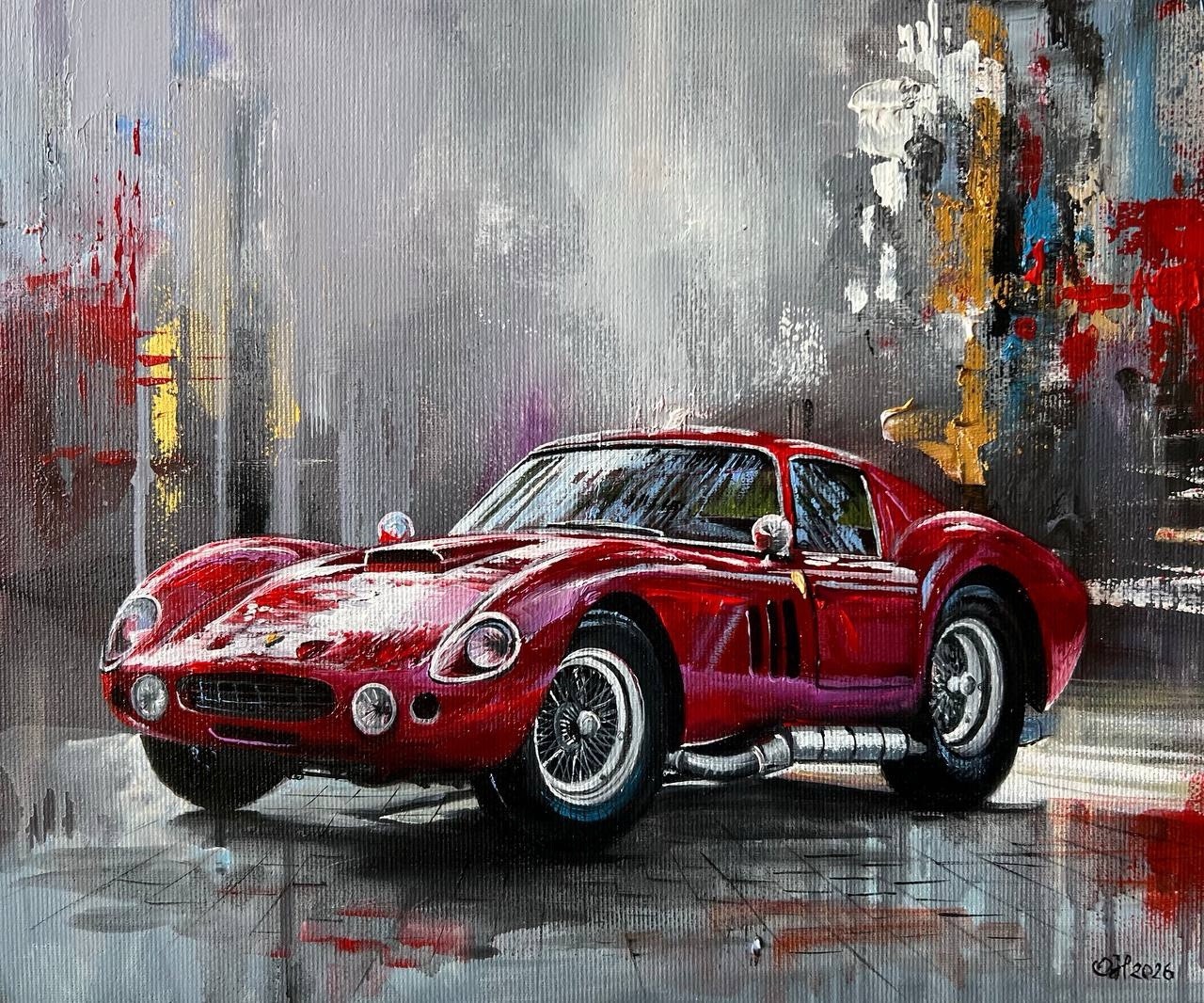 Original Oil Painting Red Ferrari Classic Sports Car Automotive Wall Art Canvas