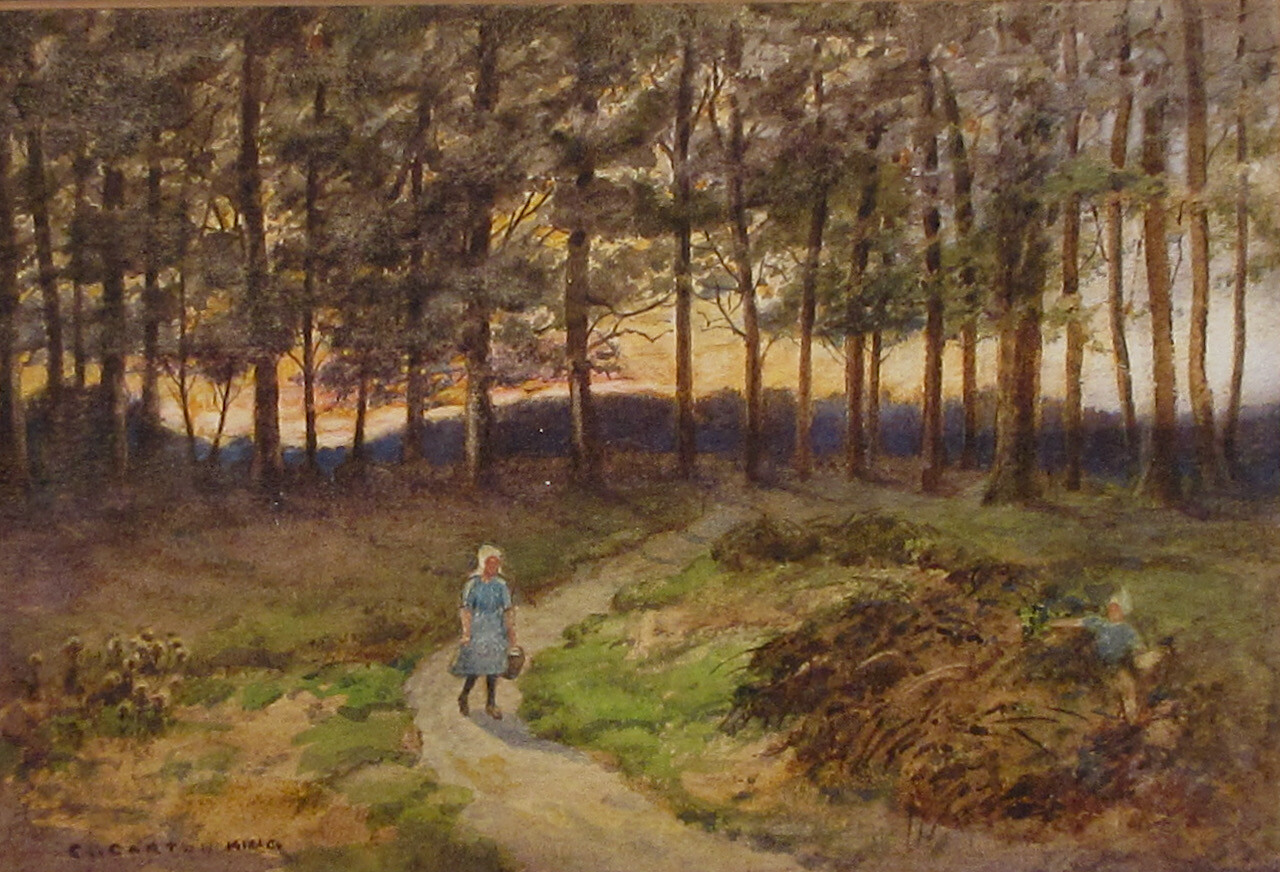 Vintage English Watercolor, Gathering Blackberries in Sussex, Landscape, Signed
