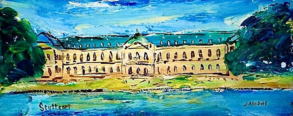 Original Vintage 1940s Oil Painting on Paper – «Stuttgart» by Jozef Dlabal