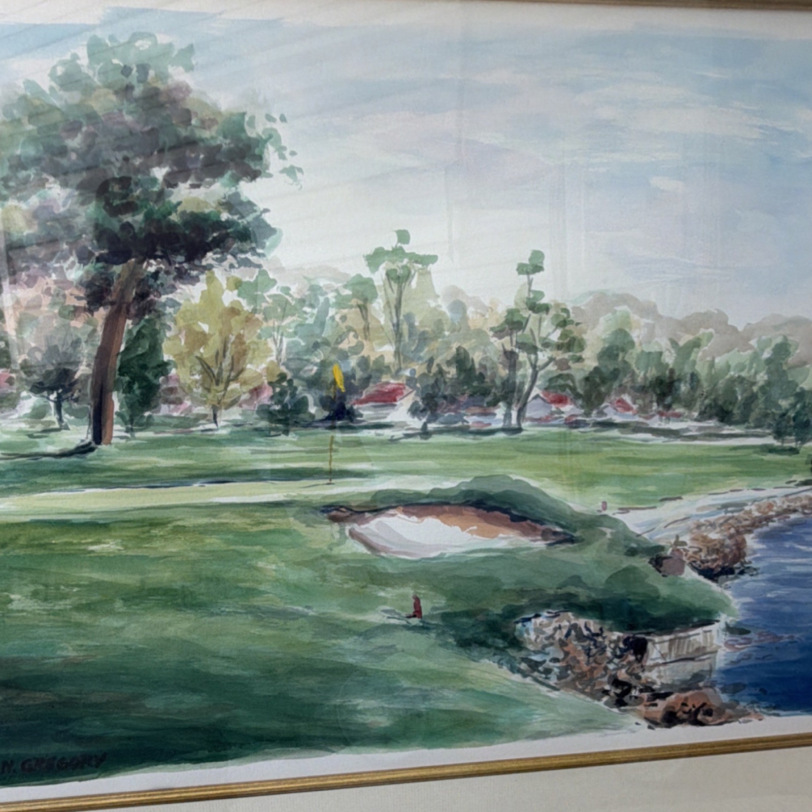 N. Gregory Golf Course Impressionist Framed Watercolor Painting Signed Original