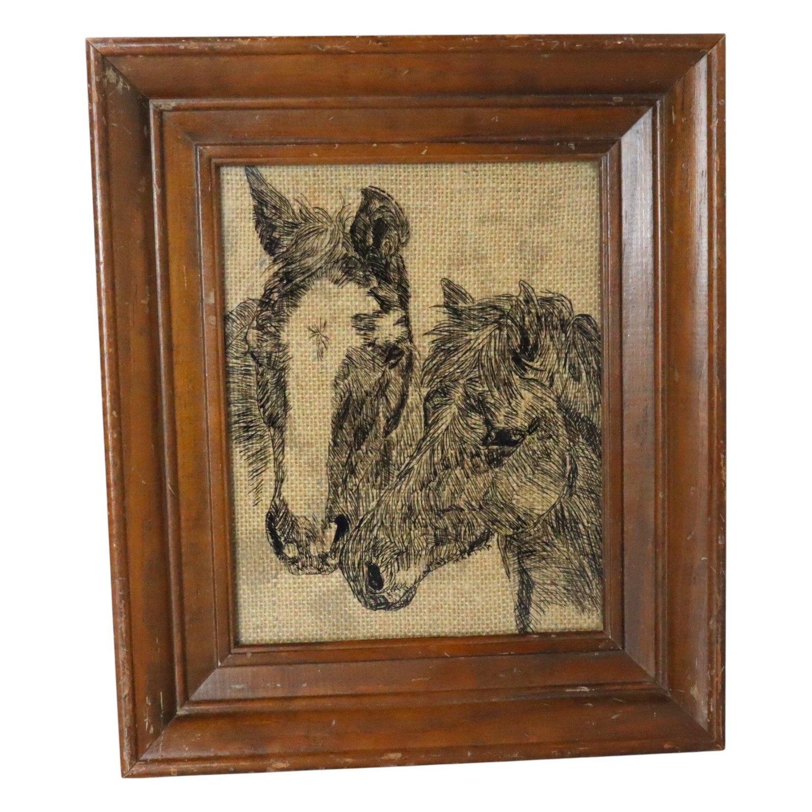 Vintage Reverse Painted Glass Horses Equestrian Burlap Framed Western Farmhouse