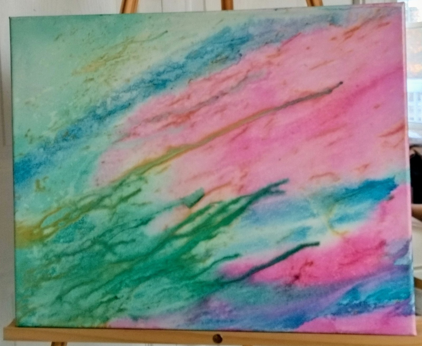 Ocean and Sky Abstract acrylic painting pink blue green on canvas 20 x 15.5 in