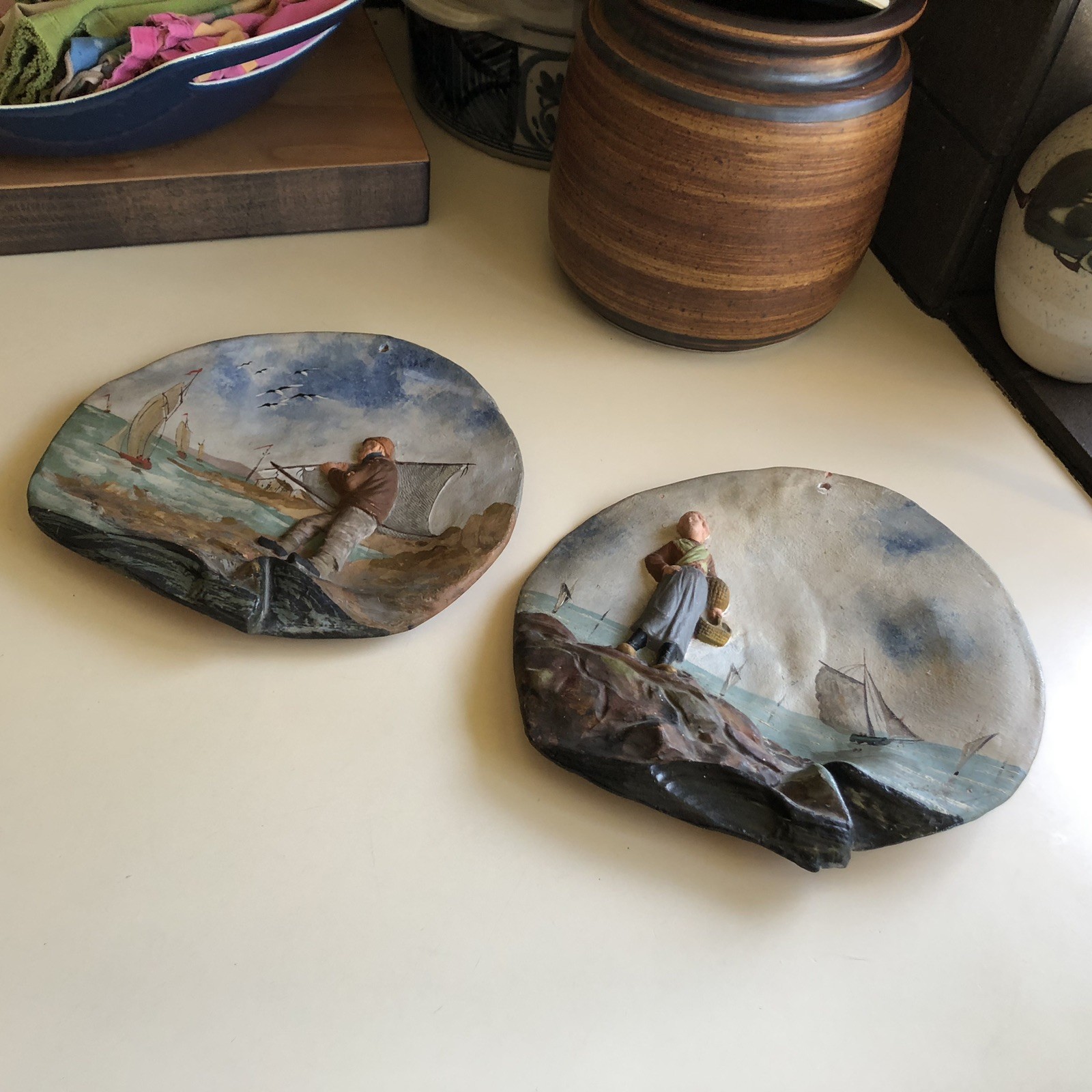 Set of Two Hand Painted Molded Terracotta Wall Plaques Coastal Dutch Signed