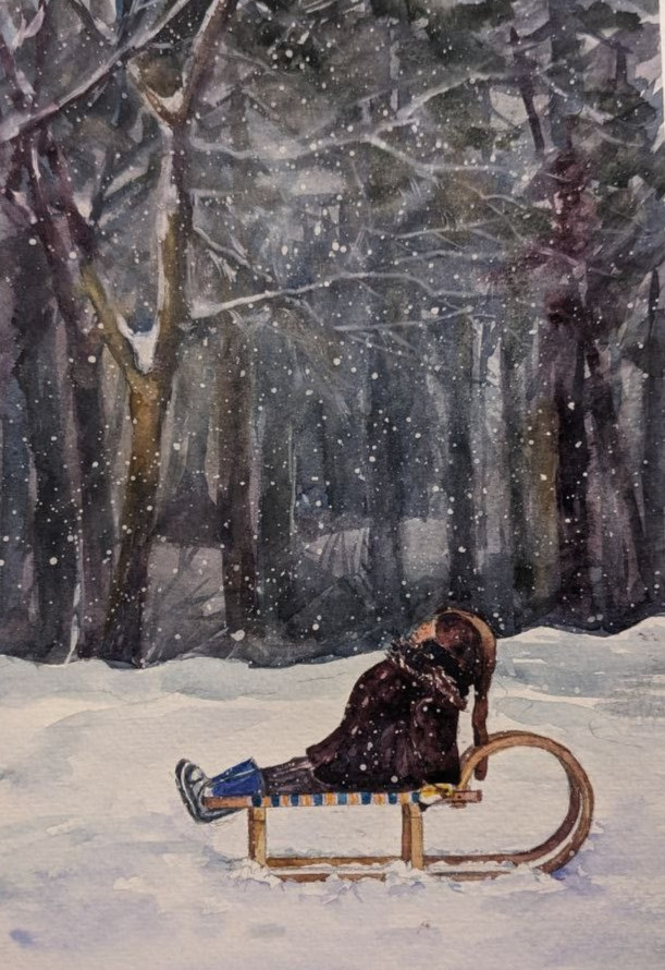 Winter Watercolor Painting, Child on Sled in Falling Snow, Childhood Christmas
