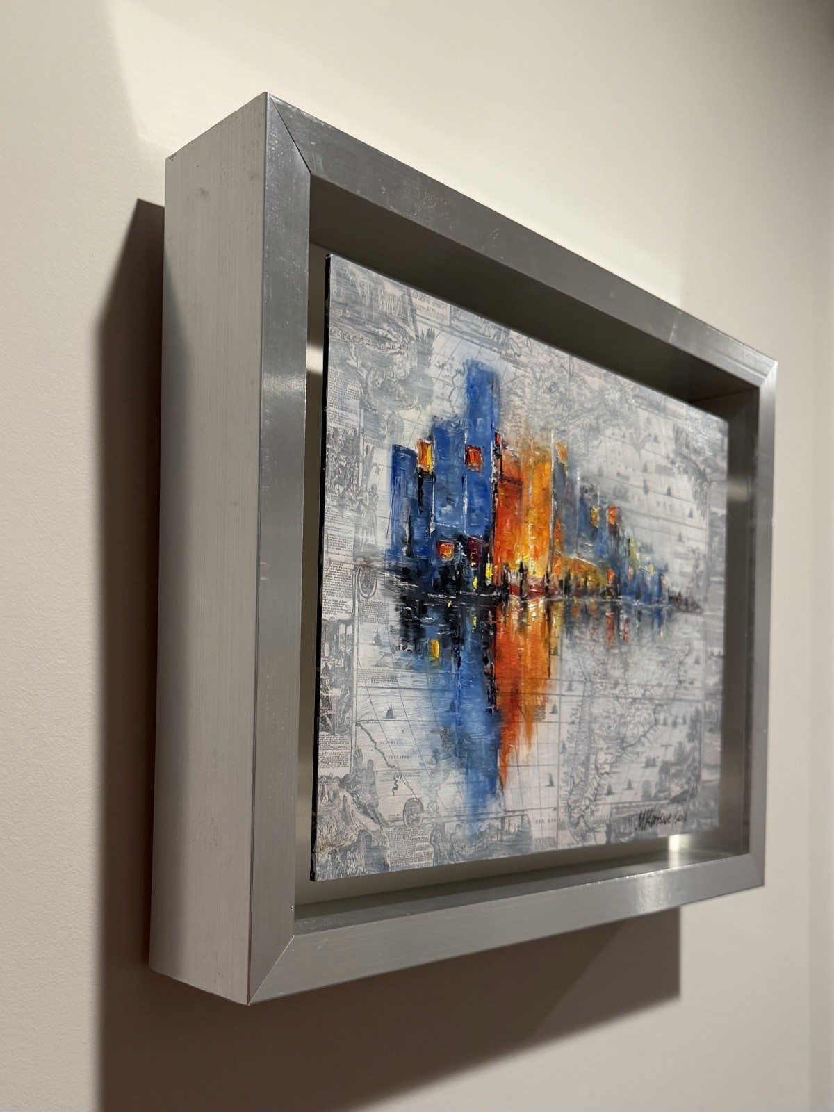 Urban Reflection-abstract Cityscape Oils In Aluminum Map Image, Framed 11”x14”