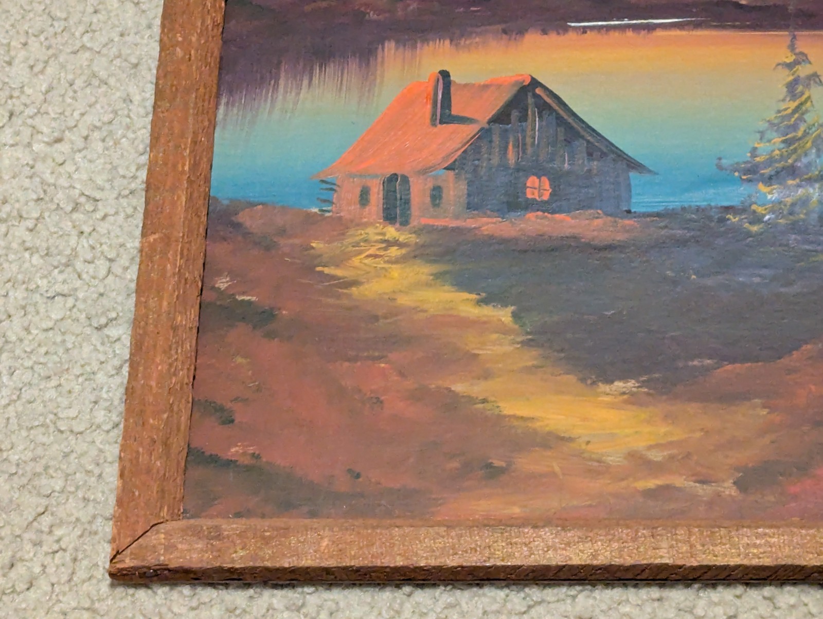 Vtg Primitive Rustic Frame With Painting Cabin Cottage Scene On Pond