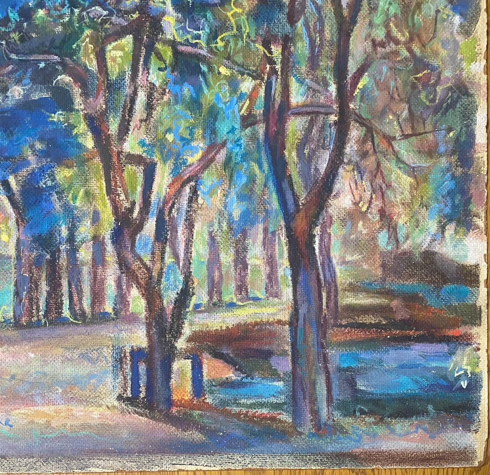 Colorful Original Modernist / Impressionist Artist Oil on Board W/ House & Pond