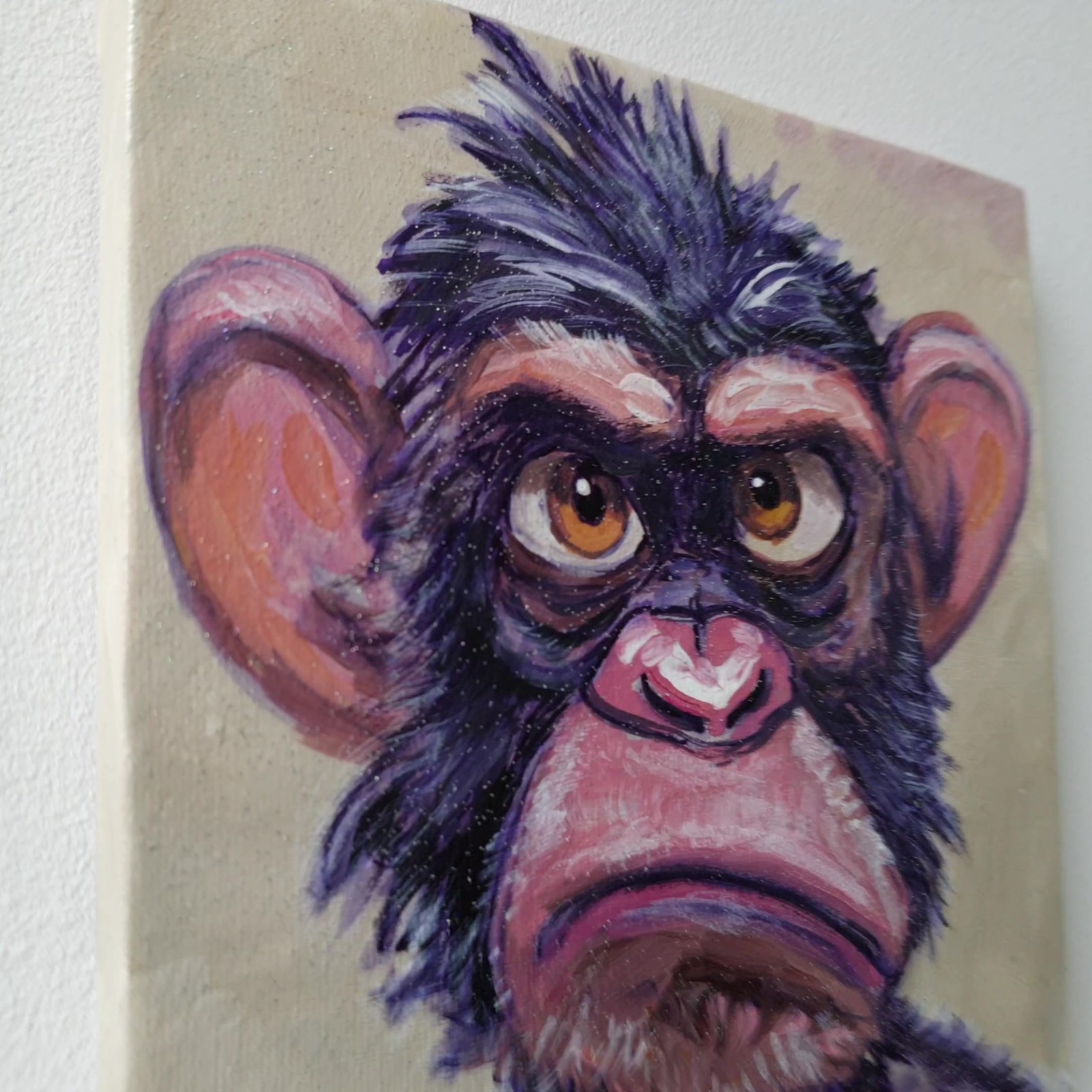 Original Acrylic Painting Funny Grumpy Chimp Monkey Portrait Small Hand Painted