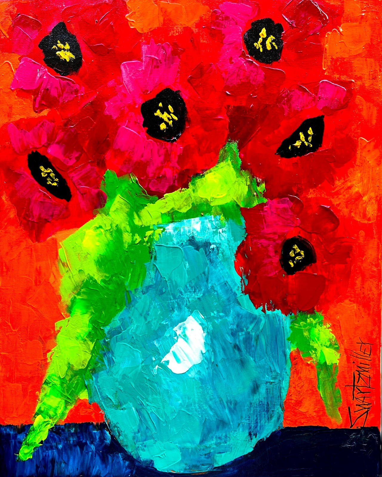 RED POPPIES FLOWERS PAINTING canvas 16 x20 original SWARTZMILLER DNA SIGNED ART