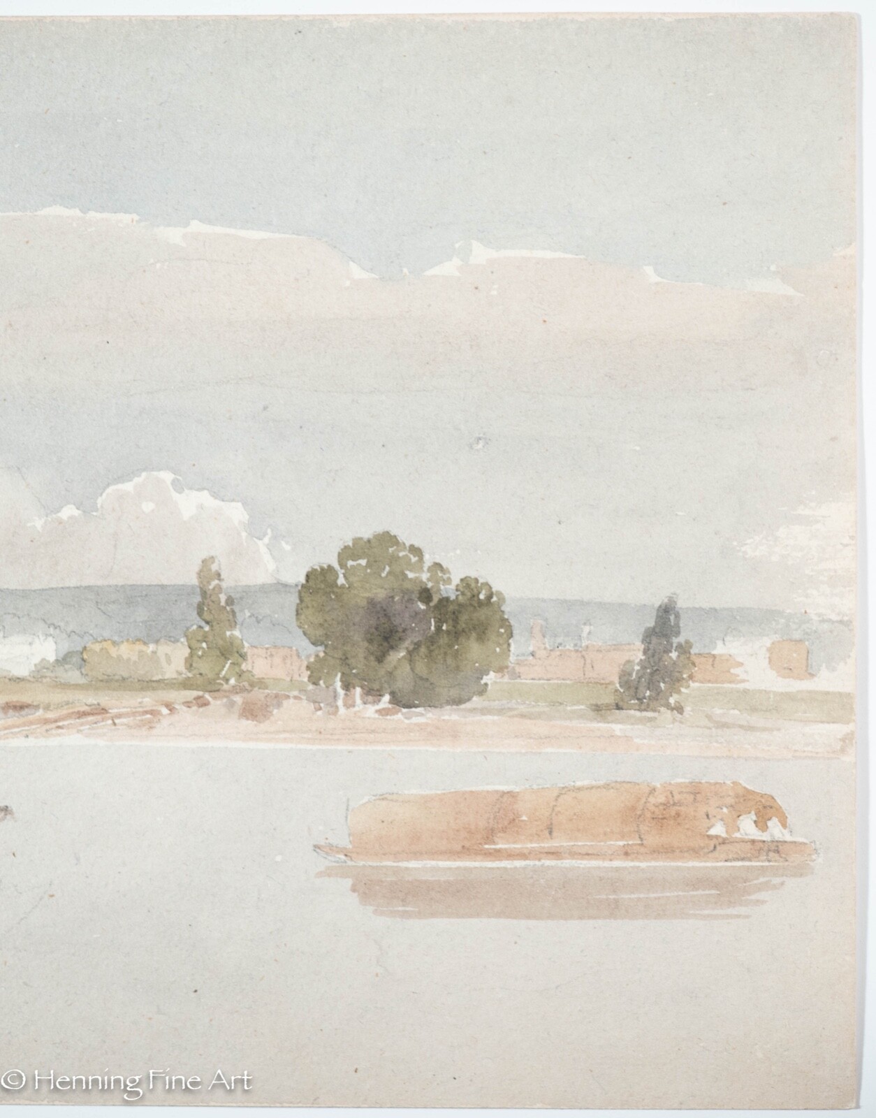 Antique Middle Eastern Watercolor Coastal Riverscape w/ City, Fine Verso C. 1810
