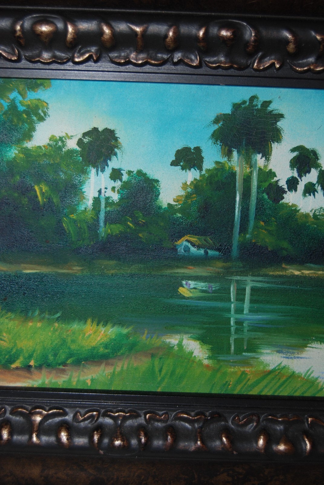 FRAMED SIGNED OIL PALMS AND HUT (BOHIO) A CUBAN COUNTRY SCENE ARTIST: CASTRILLON