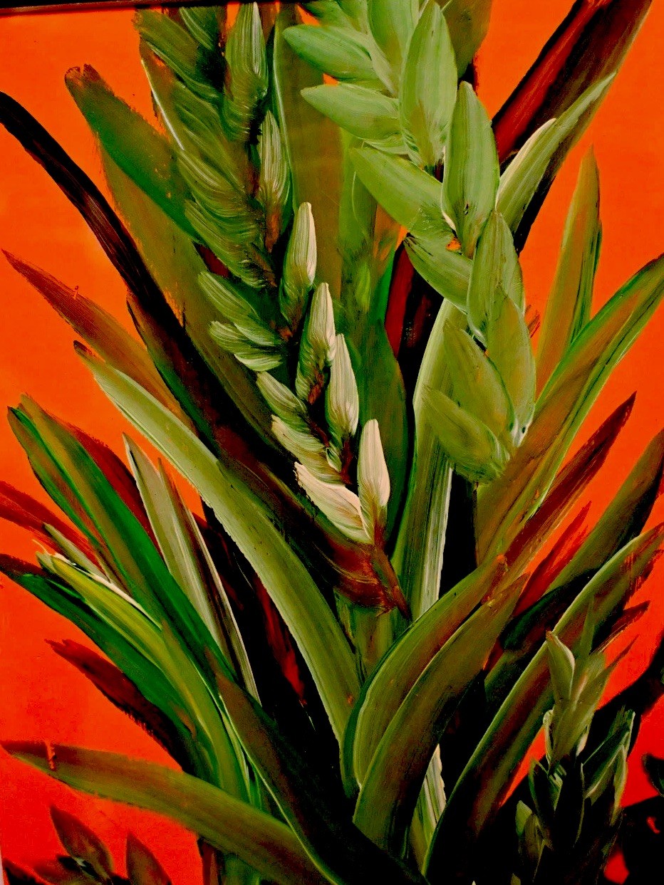 Orange Acrylic Original Art Work Framed 11 x 14 Abstract Painting Grass Green