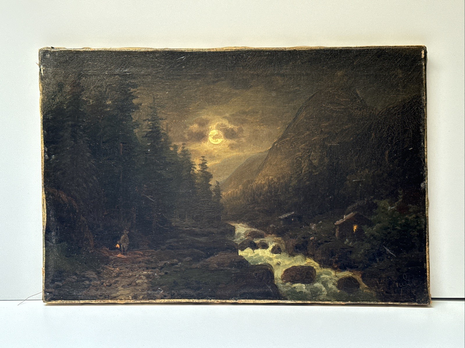 Antique Hudson River School Style Painting Signed Mystery 19th Century Night