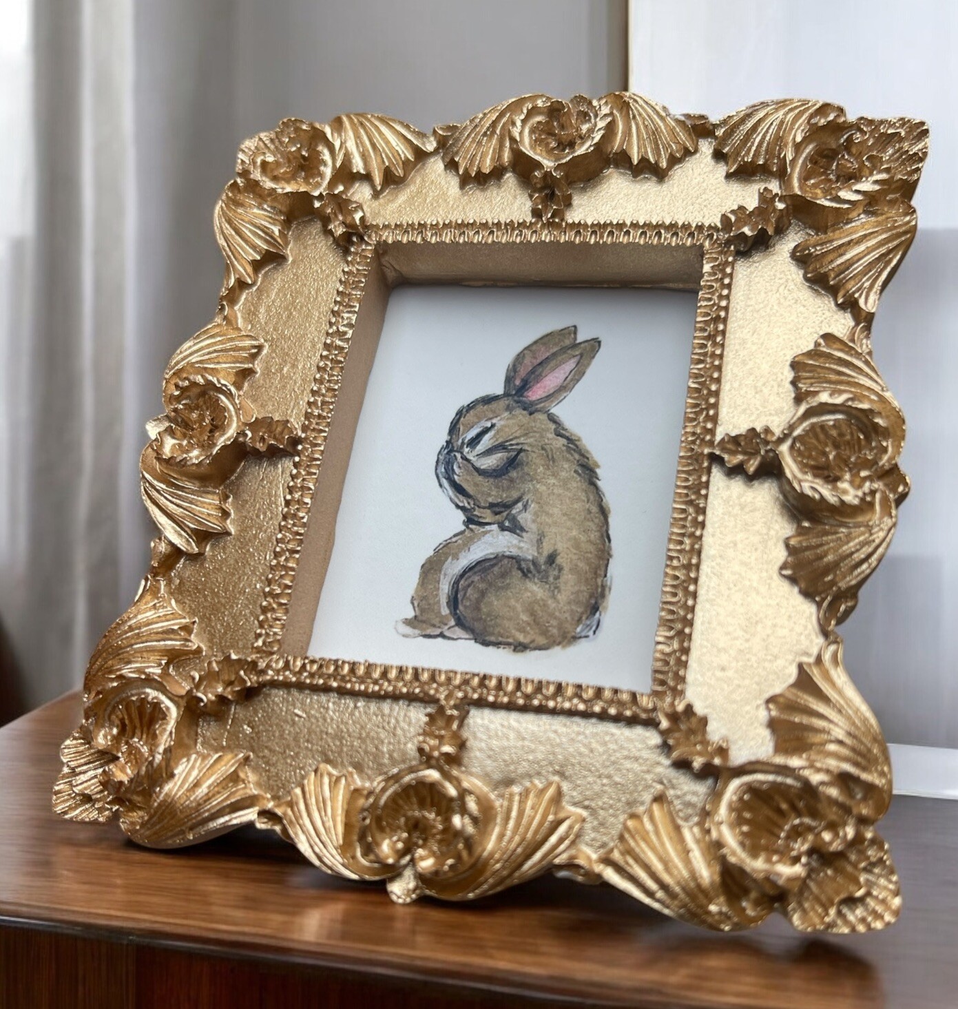 Bunny Rabbit watercolor print of painting in mini gold vtg style ornate frame