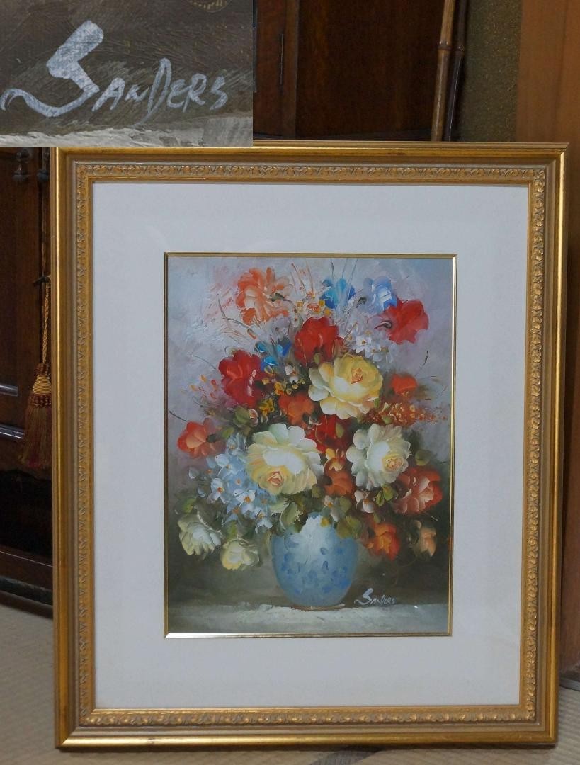 Edmond Sanders (Belgium) Oil Painting «Still Life of Roses» Signed Framed