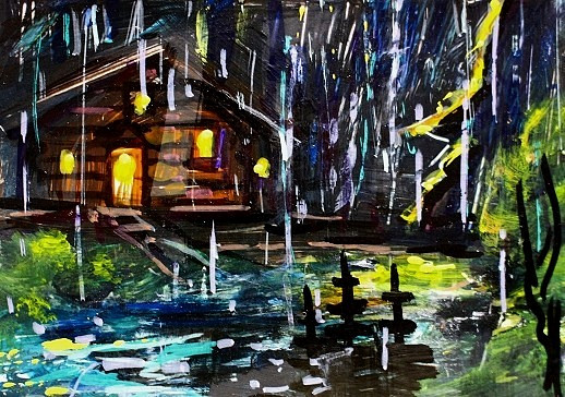 ACEO Original CABIN Summer Rain House Tree PAINTING Storm Nature Landscape ART