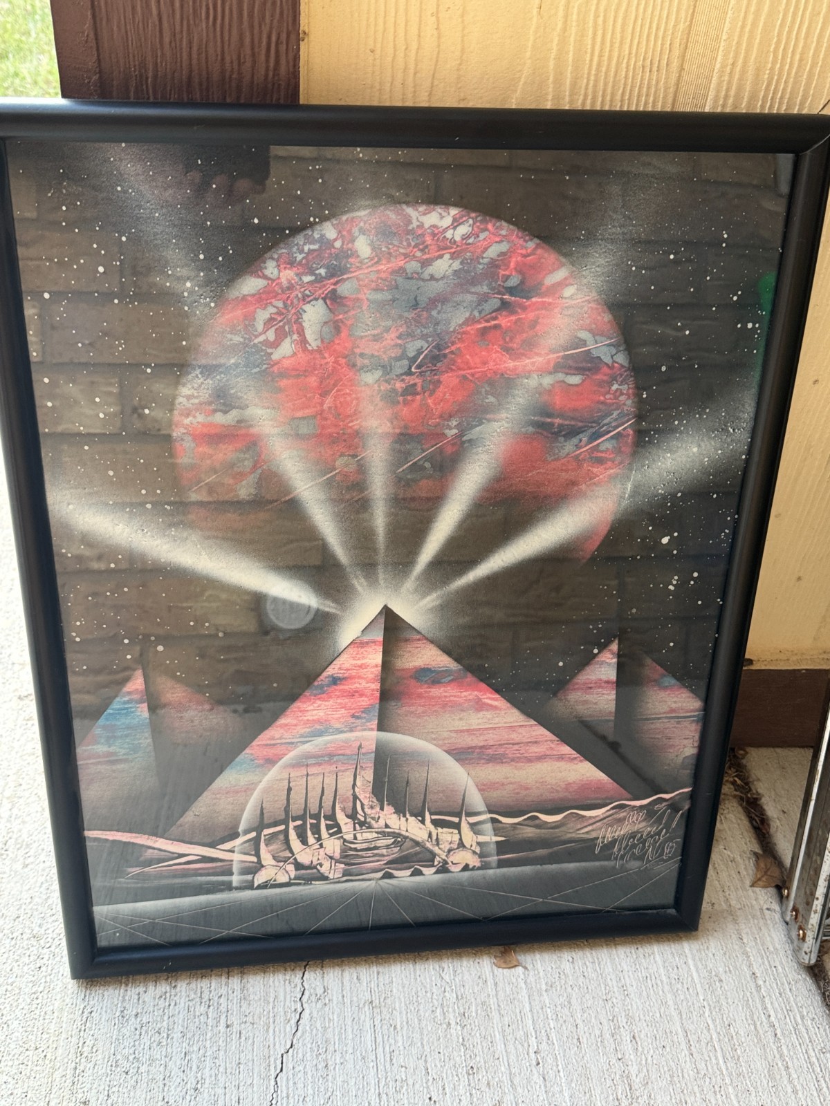 Original Spray Paint Art Painting Signed Pyramids Space like Planet Framed 16×20