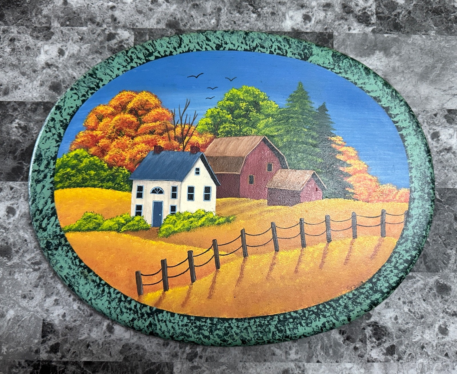 Vintage folk art PAINTING on wood, oval, farm, barn, primitive, 2003