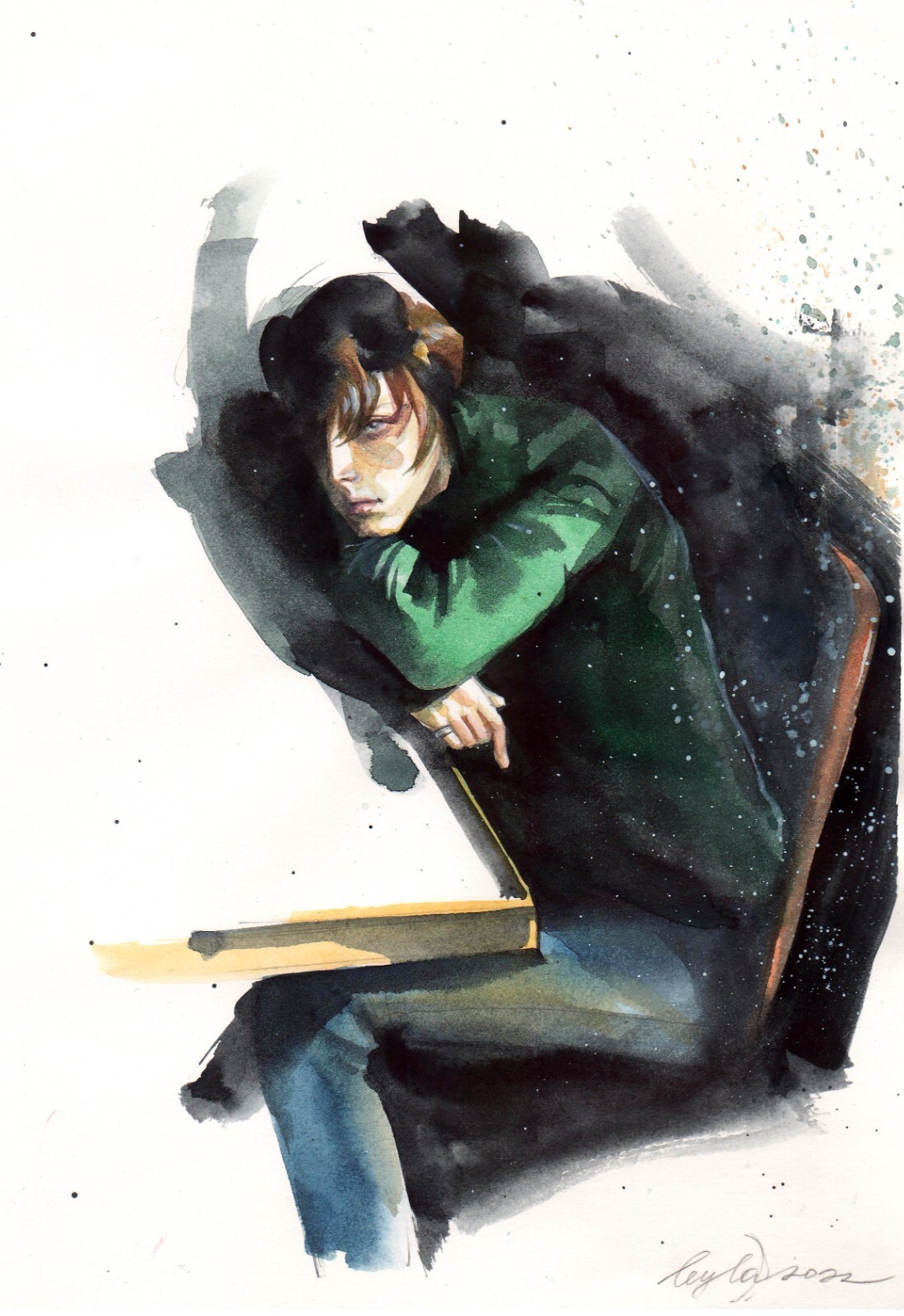Expressive Watercolor Painting Male Sitting Portrait Modern Home Decor