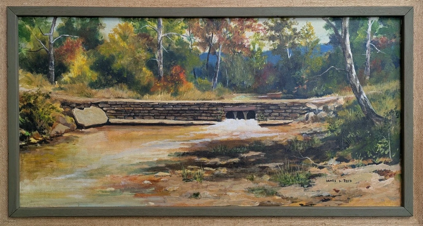 Signed James D. Reed Oil/Acrylic Painting – River Bridge Landscape Art