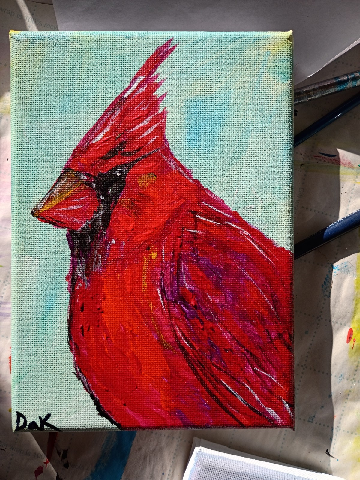 Red Bird 5×7 Canvas Original Art Expressionism Abstract Cardinal Animals Nature