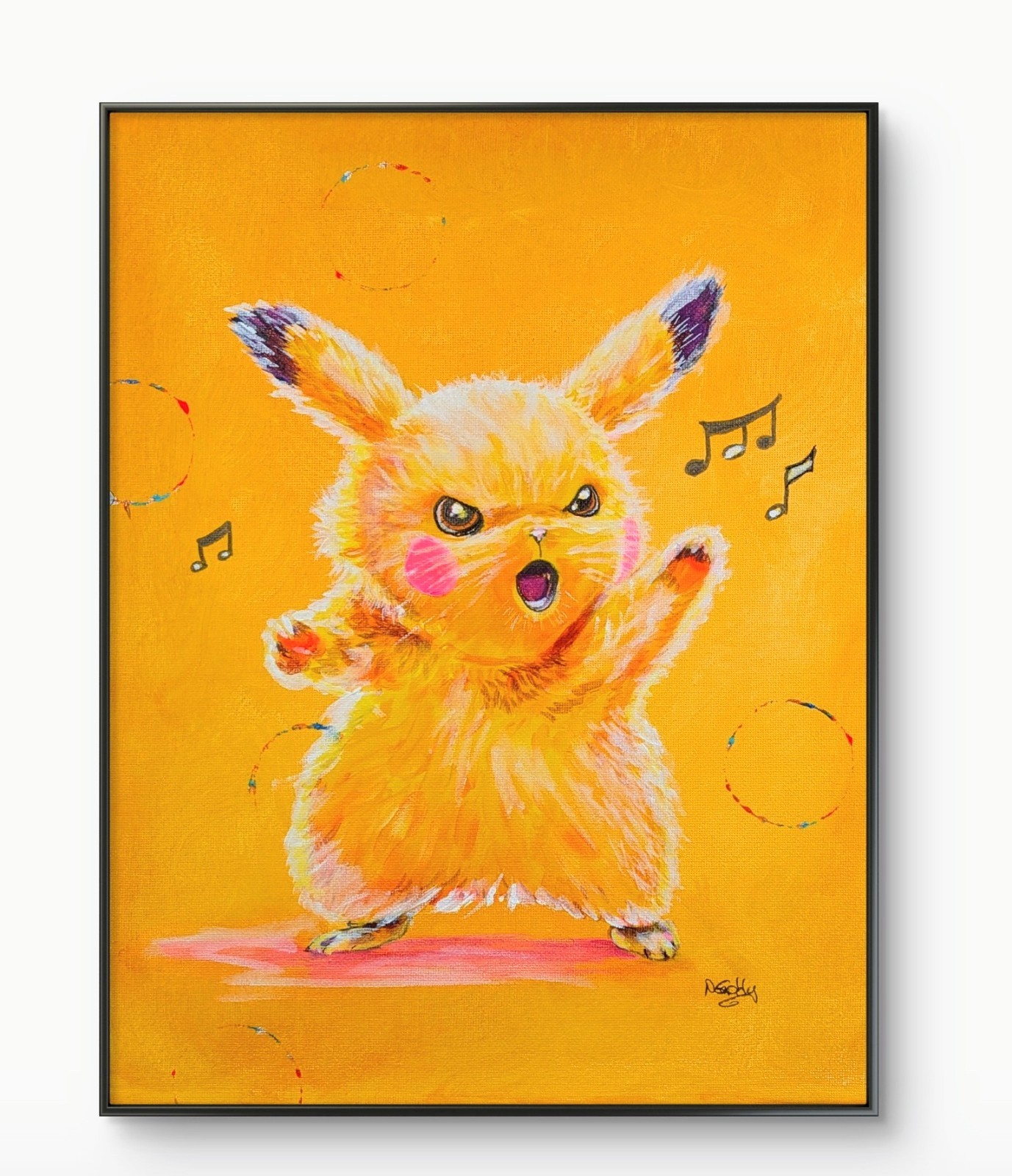 Original 14 x 11 Expressive Pikachu Singing Acrylic Canvas Painting