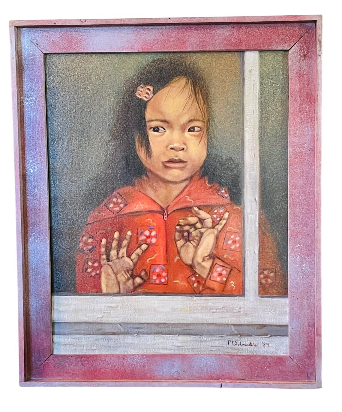 NATIVE LITTLE GIRL IN WINDOW PAINTING ACRYLIC P.K. SCHMOOKER 20×24” FRAMED 1984